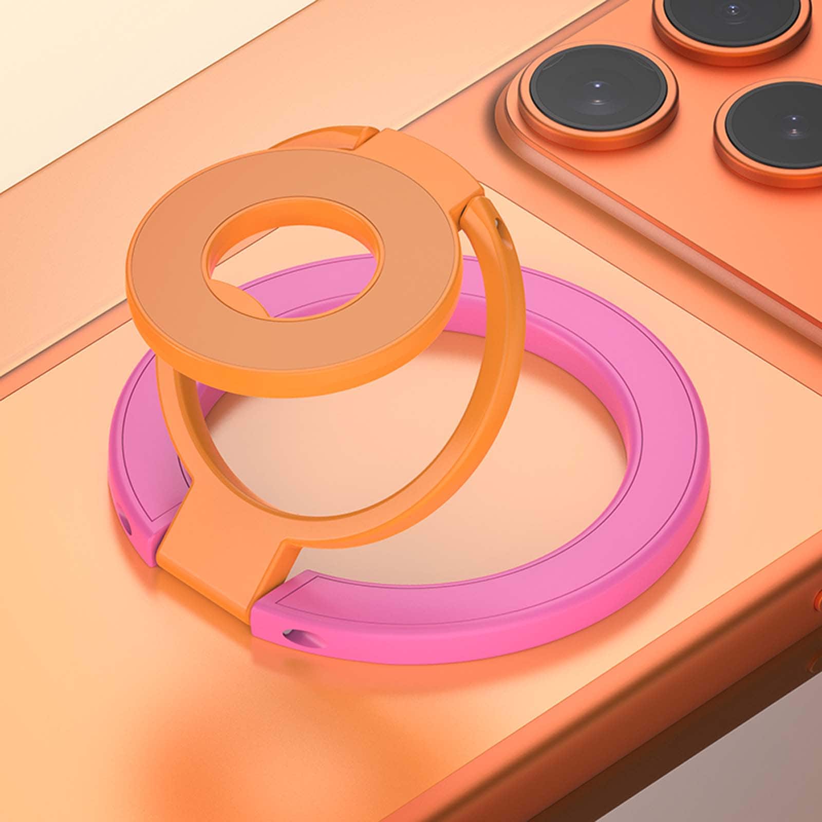Dteck - Double-sided Mag Safe Magnetic Ring Stand for Apple iPhone 17 Pro Max,Triple Fold Phone Holder 360° Rotating Kickstand - Rose+Orange