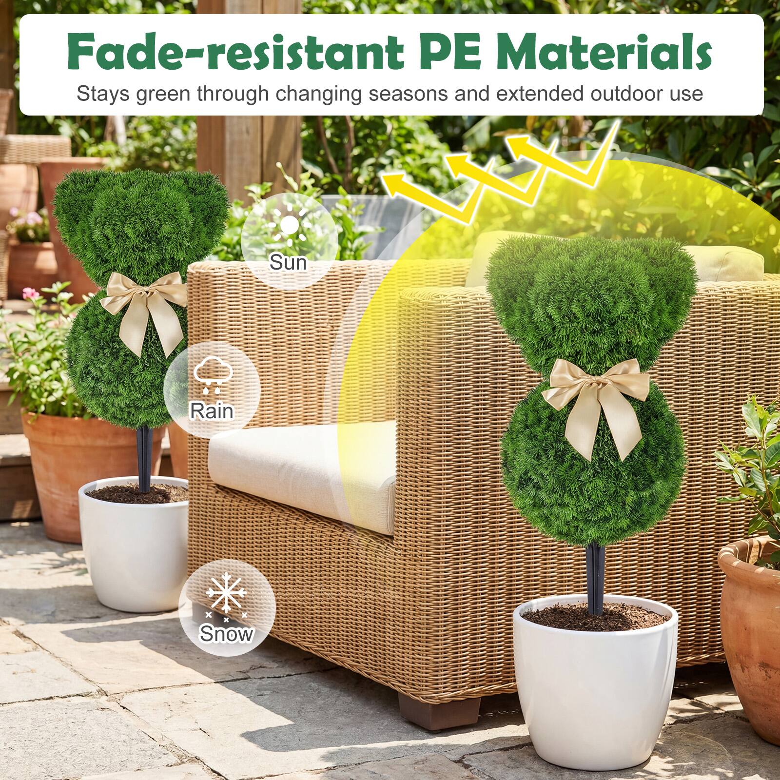 Fade-resistant PE Materials  
Stays green through changing seasons and extended outdoor use  
Sun  
Rain  
Snow