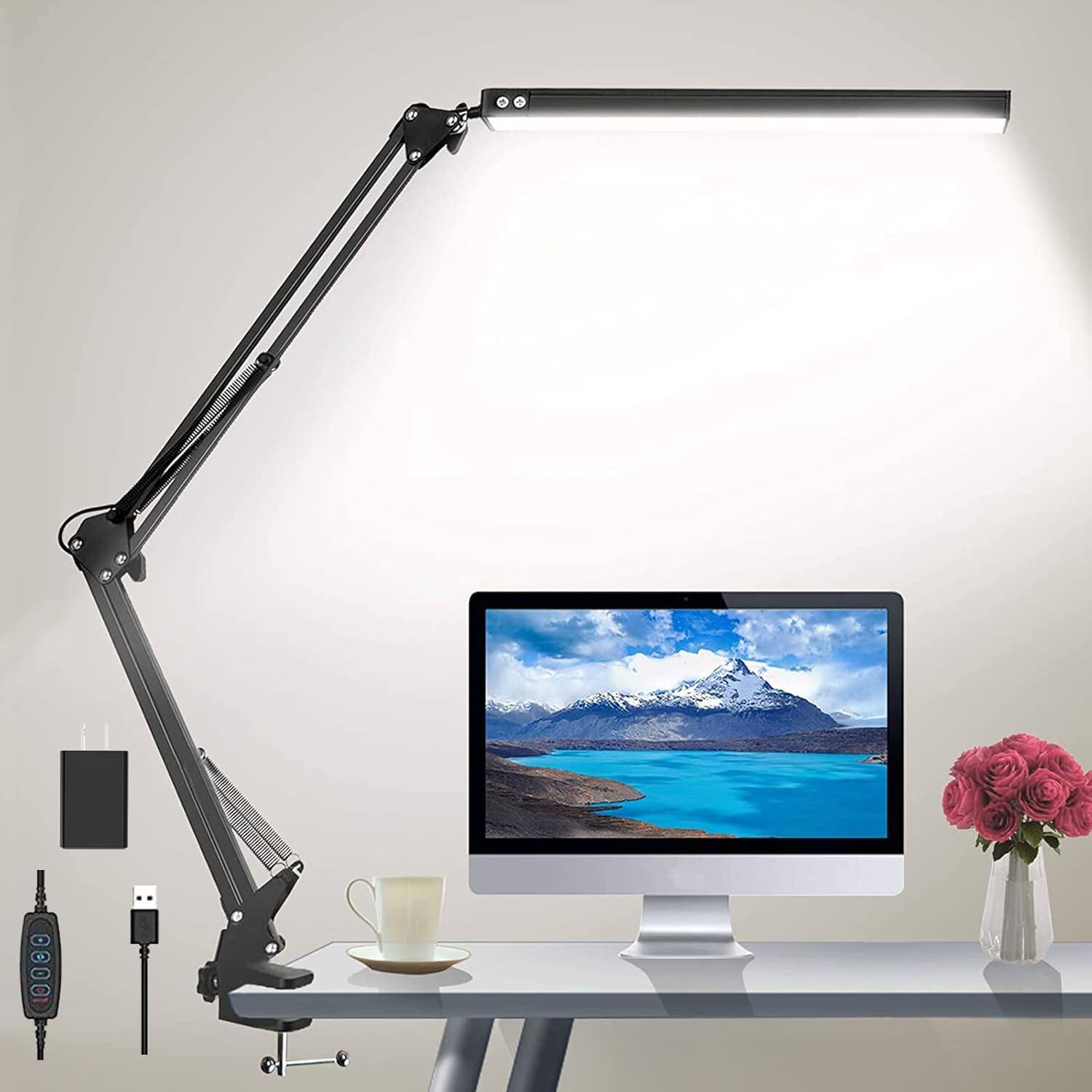 Stamp n Camp - LED Desk Lamp for Home Office Reading Adjustable Eye-Caring Desk Light with Clamp Swing Arm Lamp Includes 3 Color - default