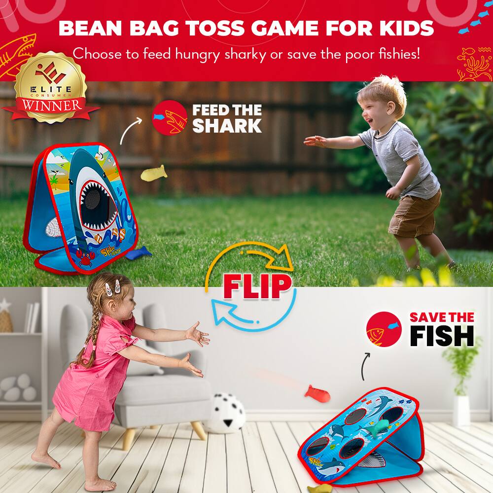 BEAN BAG TOSS GAME FOR KIDS  
Choose to feed hungry sharky or save the poor fishies!  

ELITE CONSUMER WINNER  

FEED THE SHARK  

FLIP  

SAVE THE FISH