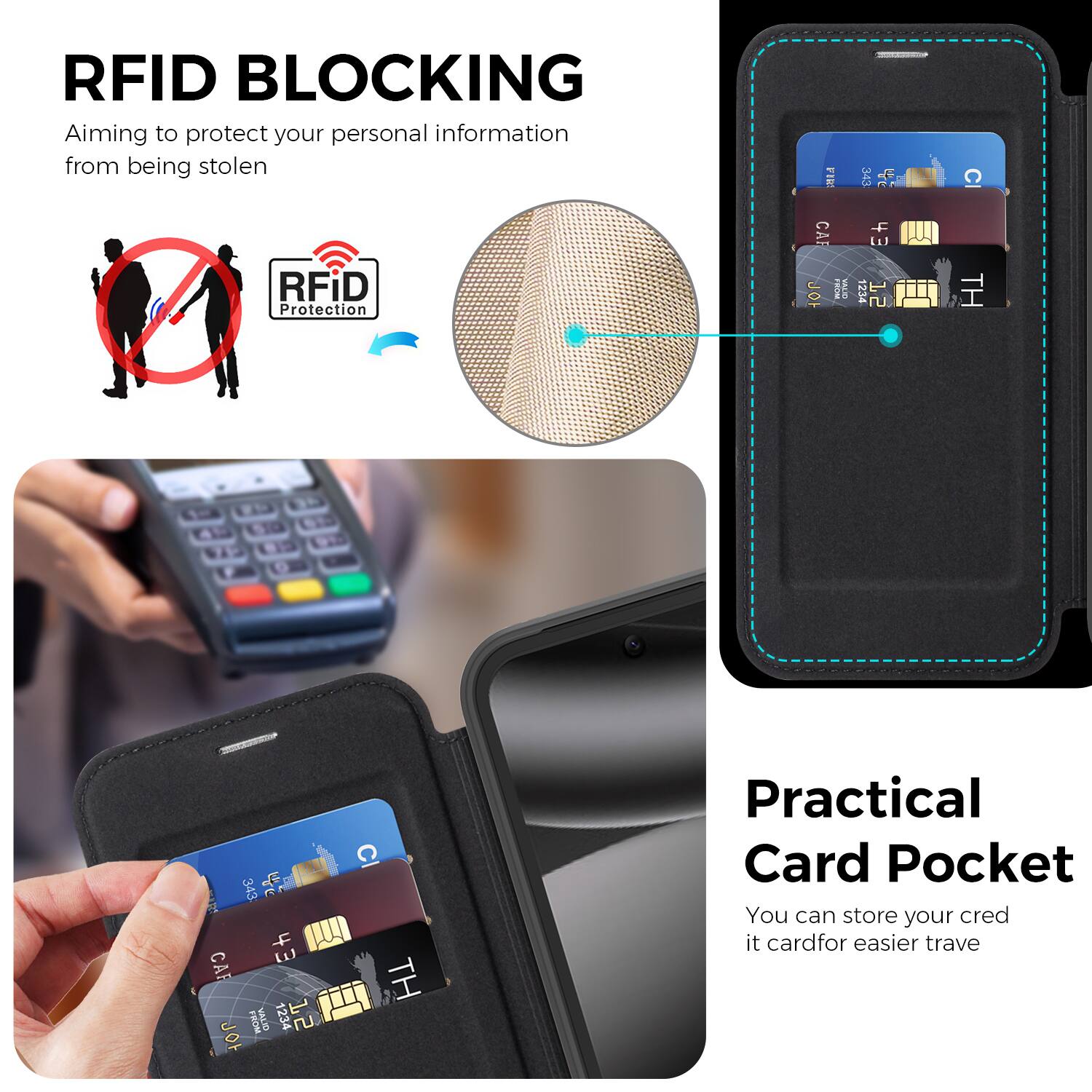 RFID BLOCKING  
Aiming to protect your personal information from being stolen

RFiD Protection

Practical Card Pocket  
You can store your credit card for easier travel