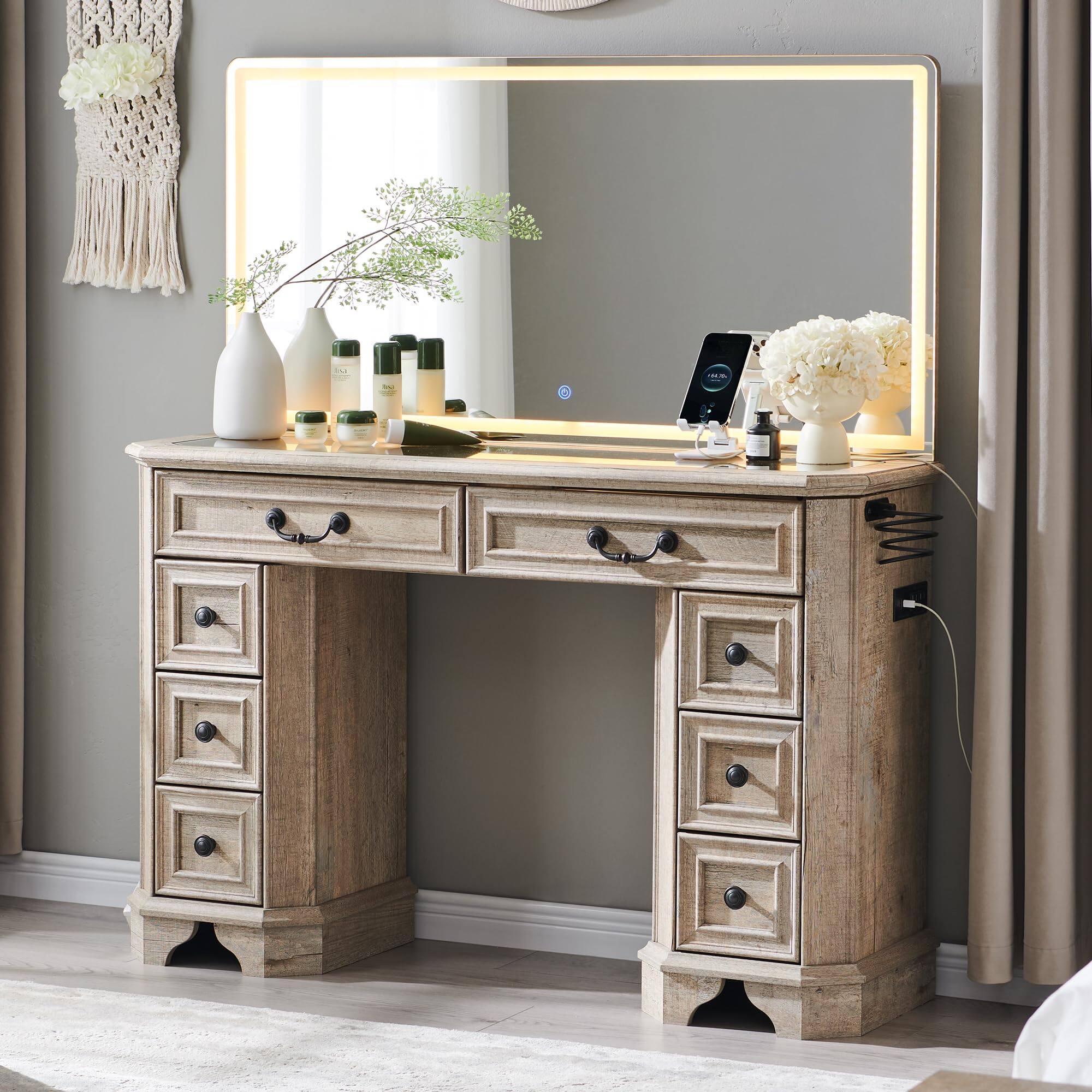 Front. PO3TICJUNKI3 - 48" Lighted Vanity Desk, Farmhouse Glass Top, 8 Drawers, 3 LED Modes, Power Hub - Light Rustic Oak.