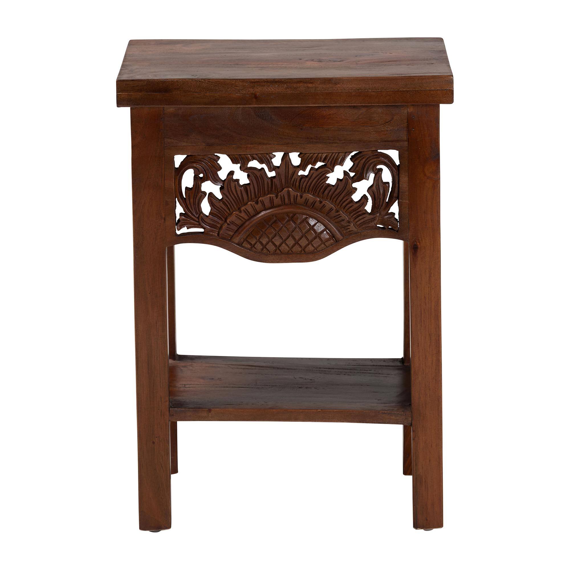 Angle. bali & pari - Alexandra Handcarved Mahogany Wood Nightstand – Decorative Accent Table with Lower Shelf, Traditional Artisan Furniture - Mahogany Brown.
