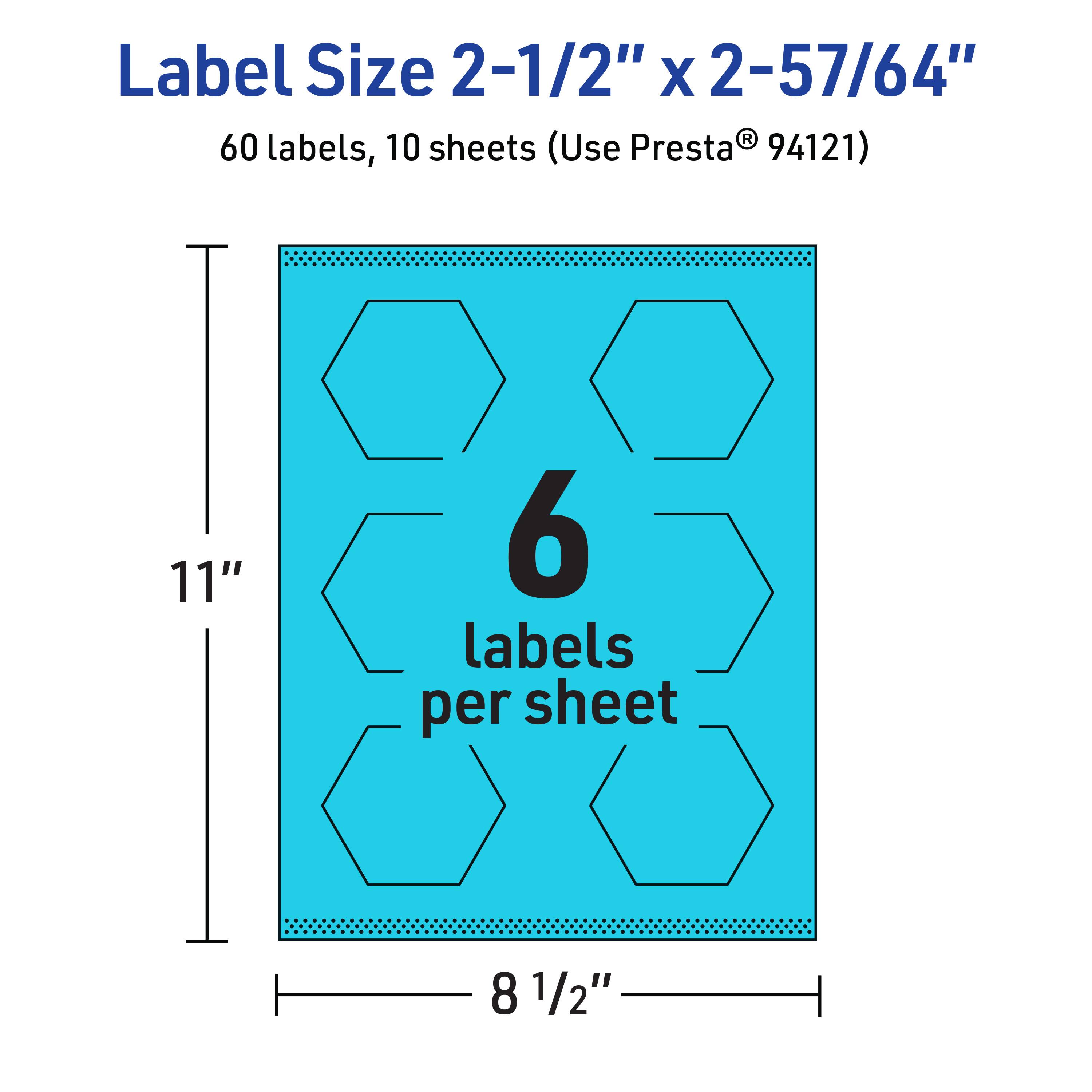 Label Size 2-1/2" x 2-57/64"  
60 labels, 10 sheets (Use Presta® 94121)  
11" x 8 1/2"  
6 labels per sheet