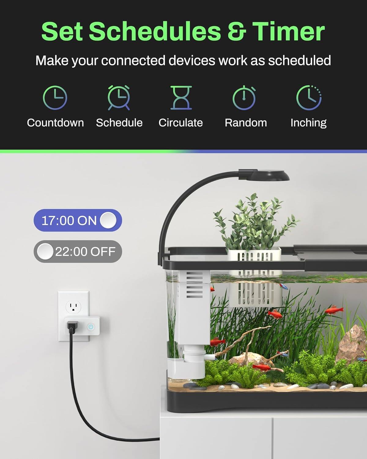 Set Schedules & Timer  
Make your connected devices work as scheduled  

Countdown  
Schedule  
Circulate  
Random  
Inching  

17:00 ON  
22:00 OFF