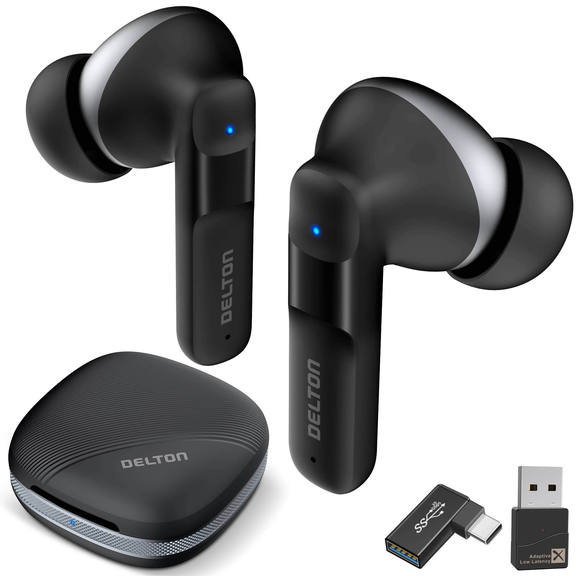 Delton - T50 Wireless Earbuds with 4 ENC Microphone, Connectivity with USB Dongle Type-A & Type-C, (DBHT50) - Black