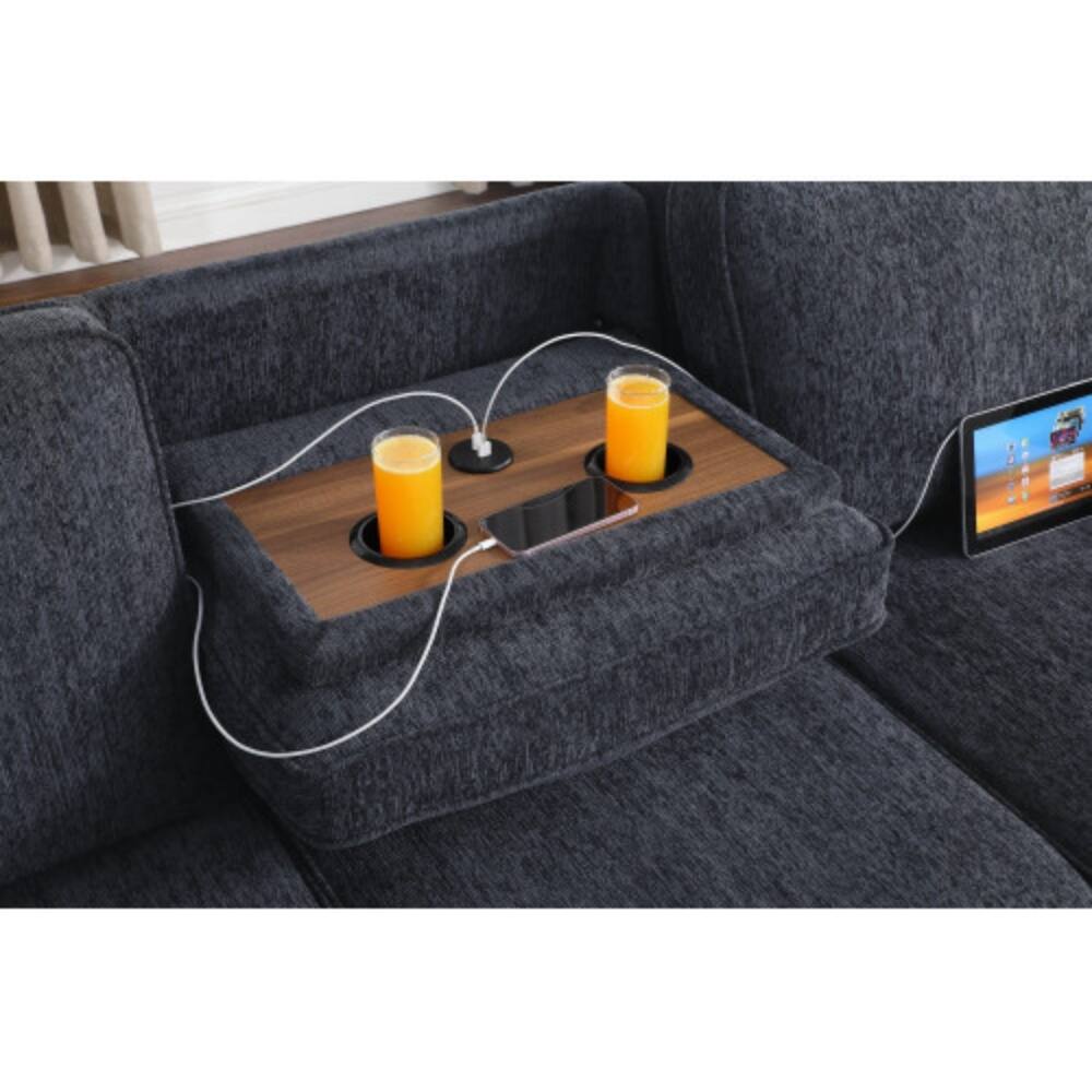 Alt View 1. LUCKY ONE - 91" Charcoal Chenille Reversible Sleeper Sectional with Storage Chaise, Drop-Down Table, Cupholders - Charcoal.