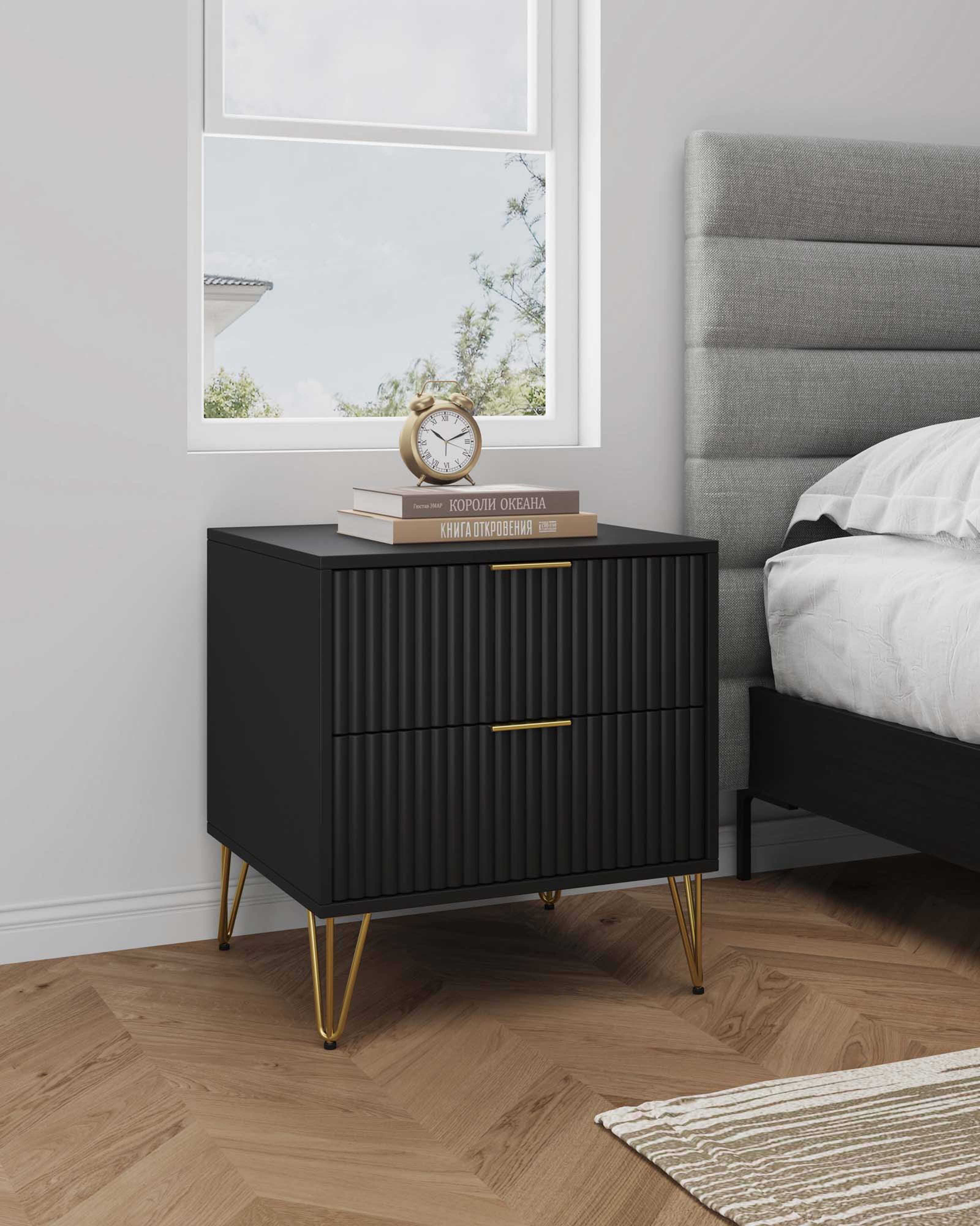 Angle. Tiramisubest - Modern 2-Drawer Nightstand in Black, Gold Metal Handles, Splayed Legs, Snap Assembly - Black.