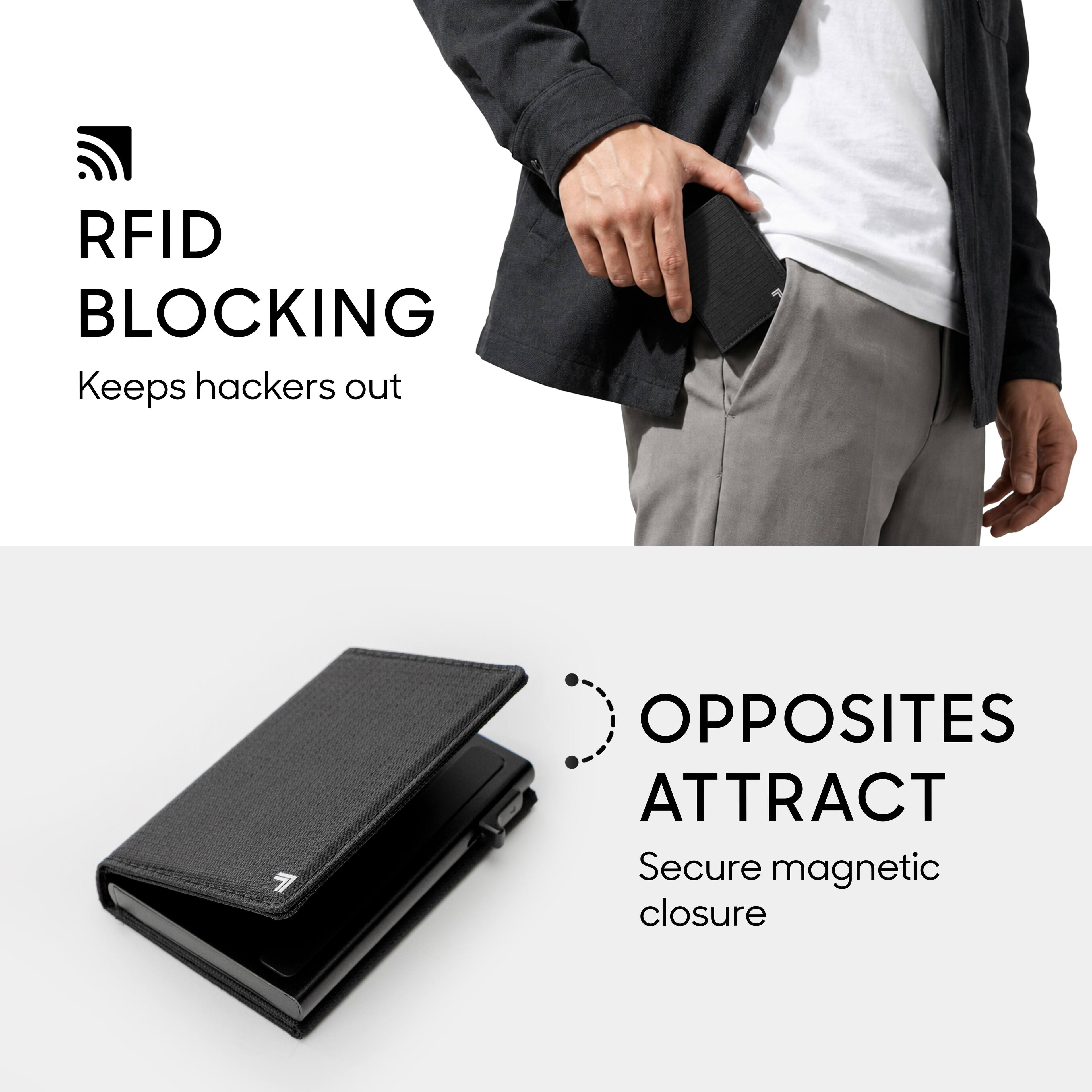RFID BLOCKING  
Keeps hackers out  

OPPOSITES ATTRACT  
Secure magnetic closure
