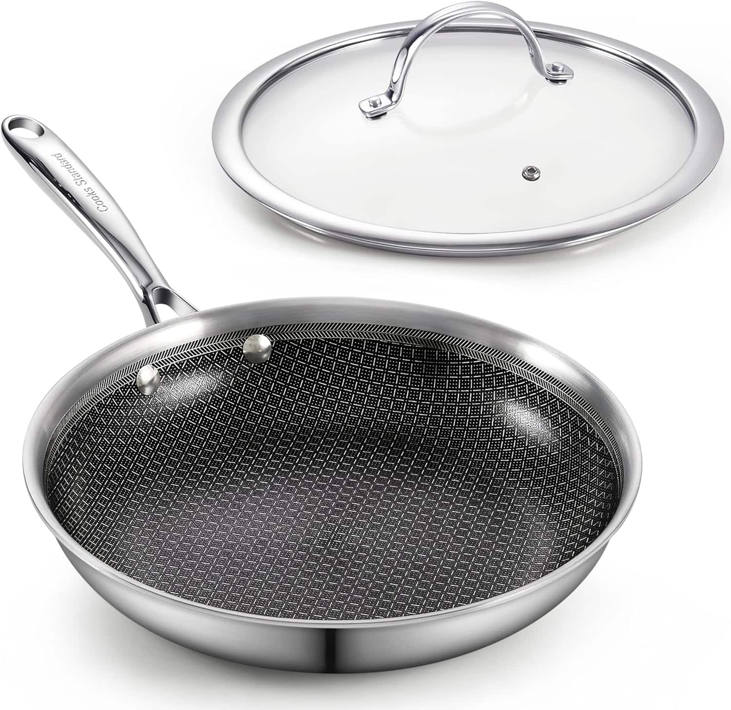 Cooks Standard - Hybrid Nonstick Frying Pan, 12'' Skillet, Multi-Ply Clad S/S Fry Pan with Tempered Glass Lids, Oven Safe, 12-Inch - Black