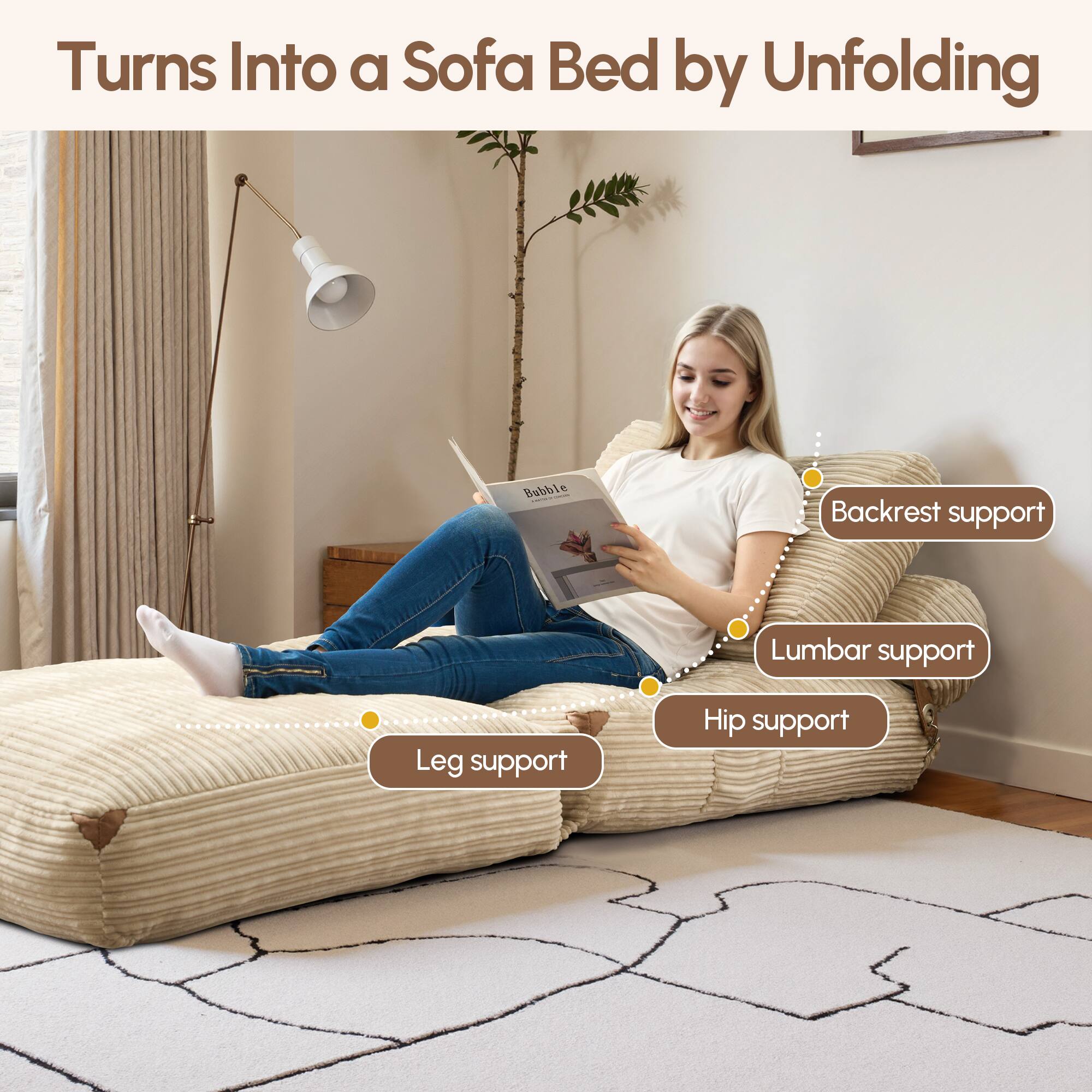 Turns Into a Sofa Bed by Unfolding

- Backrest support
- Lumbar support
- Hip support
- Leg support