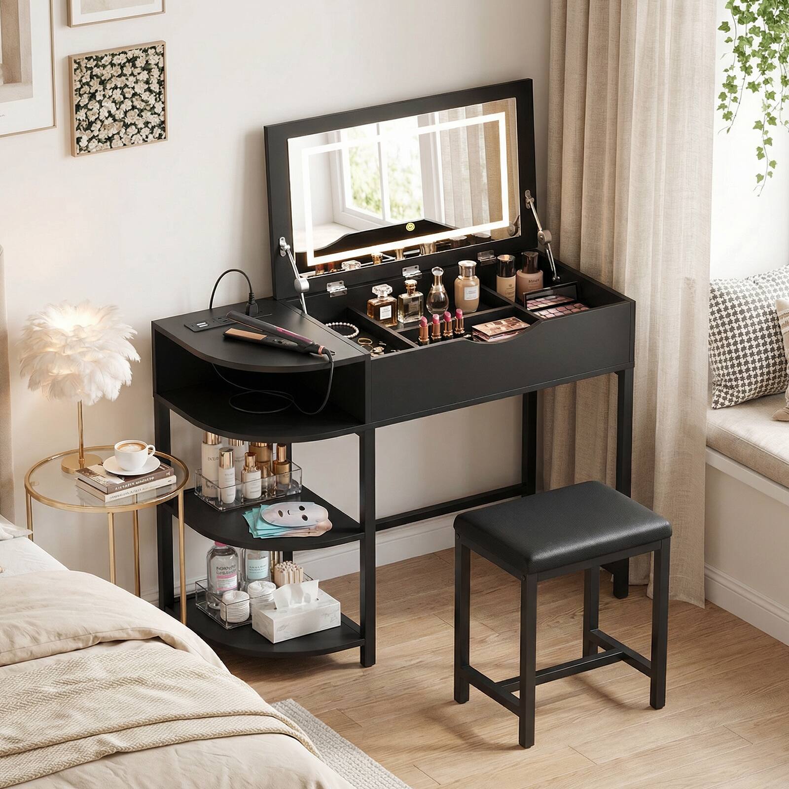 Angle. Aheaplus - 2-in-1 Makeup Vanity Desk with Flip Top Mirror and Lights - Black.