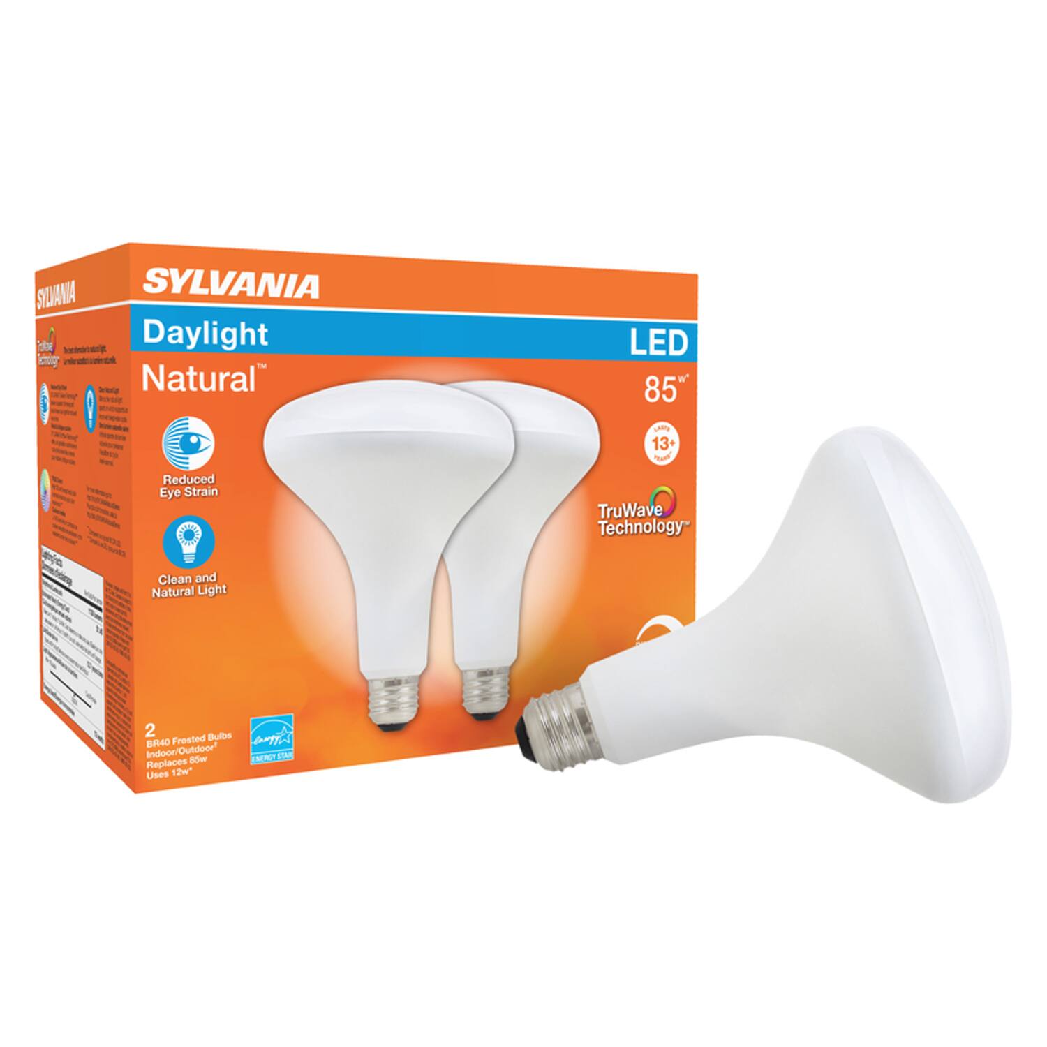SYLVANIA  
Daylight Natural™  
LED  
85°  
Reduced Eye Strain  
TruWave™ Technology  
Clean and Natural Light  
2 B40 Frosted Bulbs  
Replaces 60W  
Uses 12W