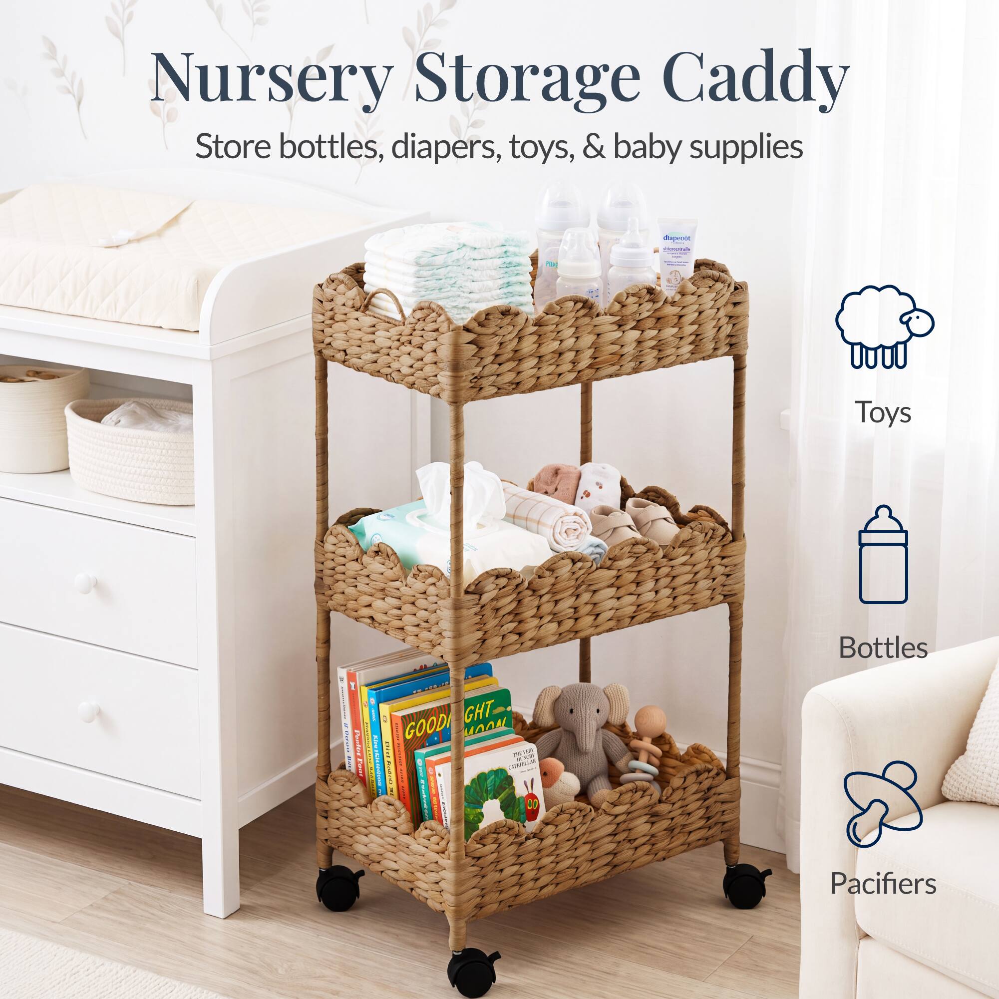 Nursery Storage Caddy  
Store bottles, diapers, toys, & baby supplies  

Toys  
Bottles  
Pacifiers