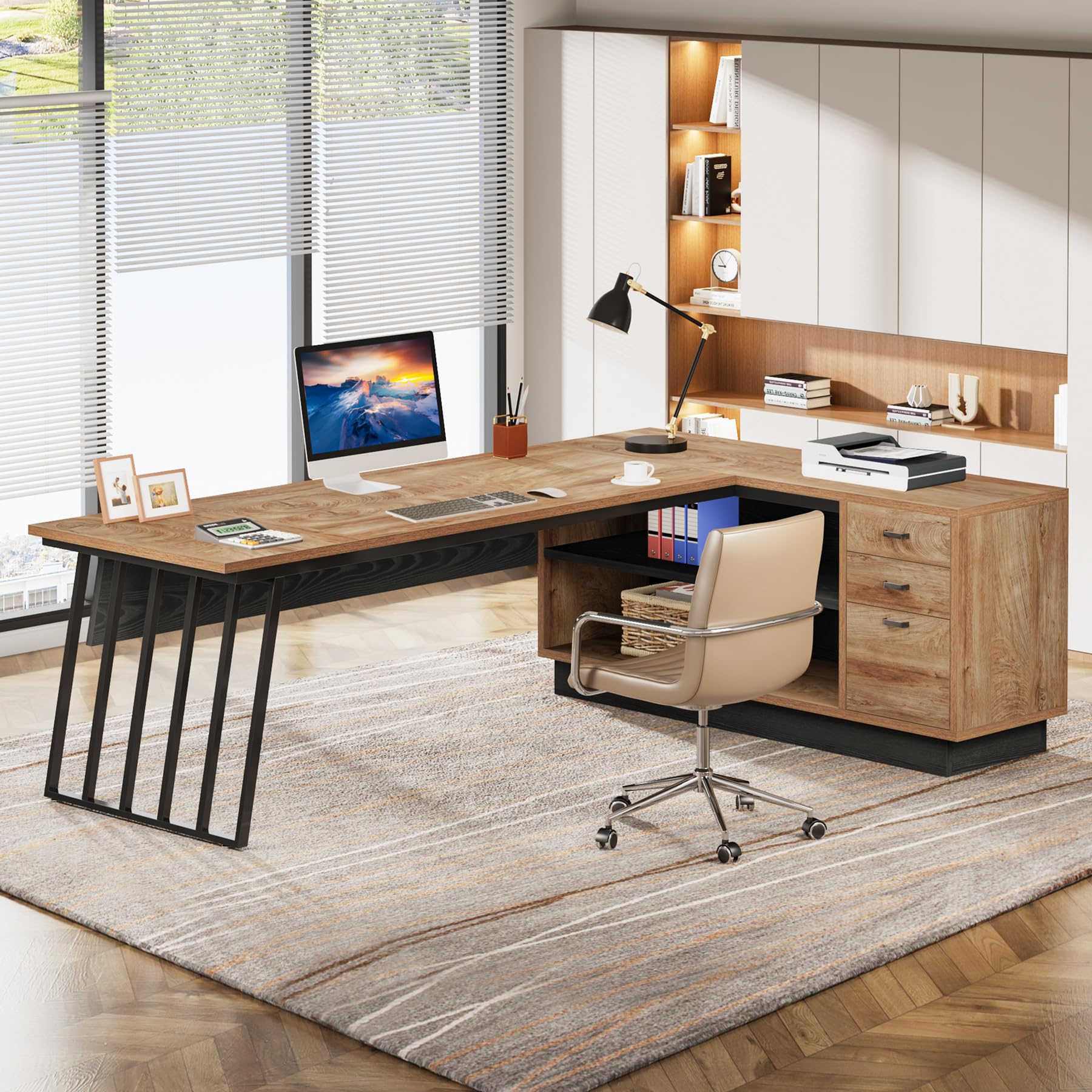 Alt View 4. Tribesigns - 71” Executive Desk, L-Shaped Desk with Cabinet, Oak and Black - Black.