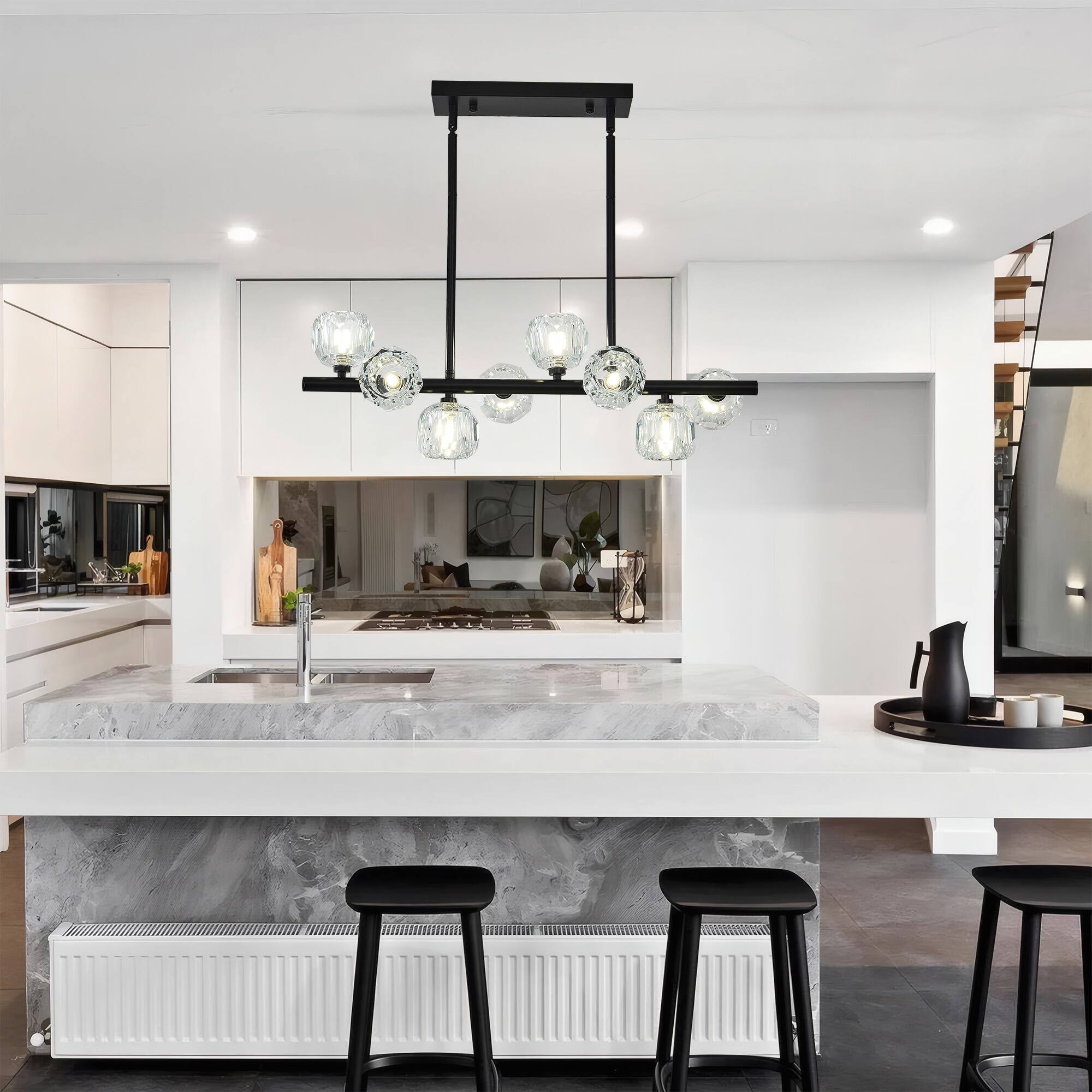 Left. RYHNUYNE - 8 Lights Black Kitchen Island Light Fixture,Linear Chandelier with Glass Lampshade,Large Rectangular Chandeliers - Black.