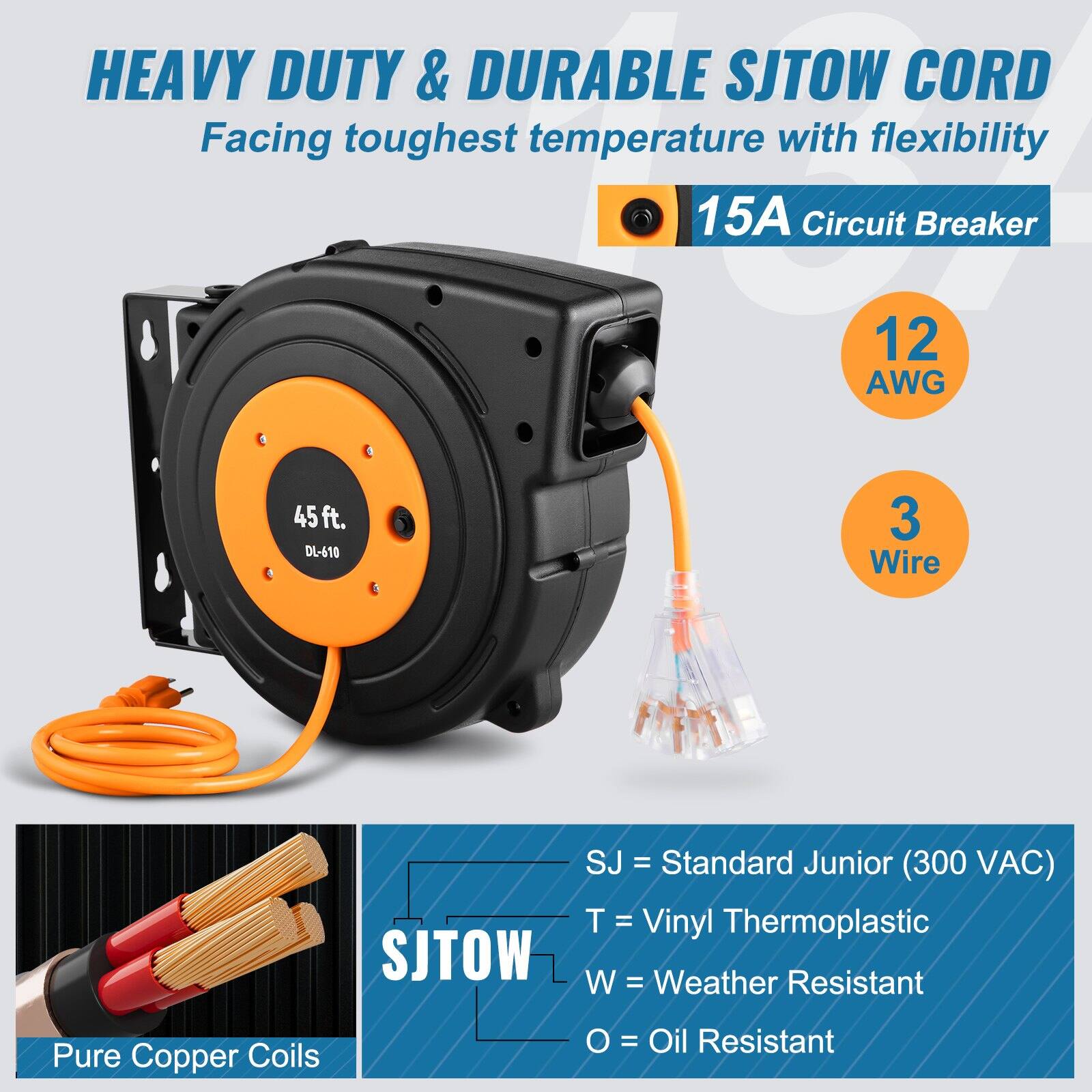 HEAVY DUTY & DURABLE SJTOW CORD  
Facing toughest temperature with flexibility  

15A Circuit Breaker  
12 AWG  
45 ft.  
3 Wire  

DL-610  

SJ = Standard Junior (300 VAC)  
T = Vinyl Thermoplastic  
W = Weather Resistant  
O = Oil Resistant  

Pure Copper Coils