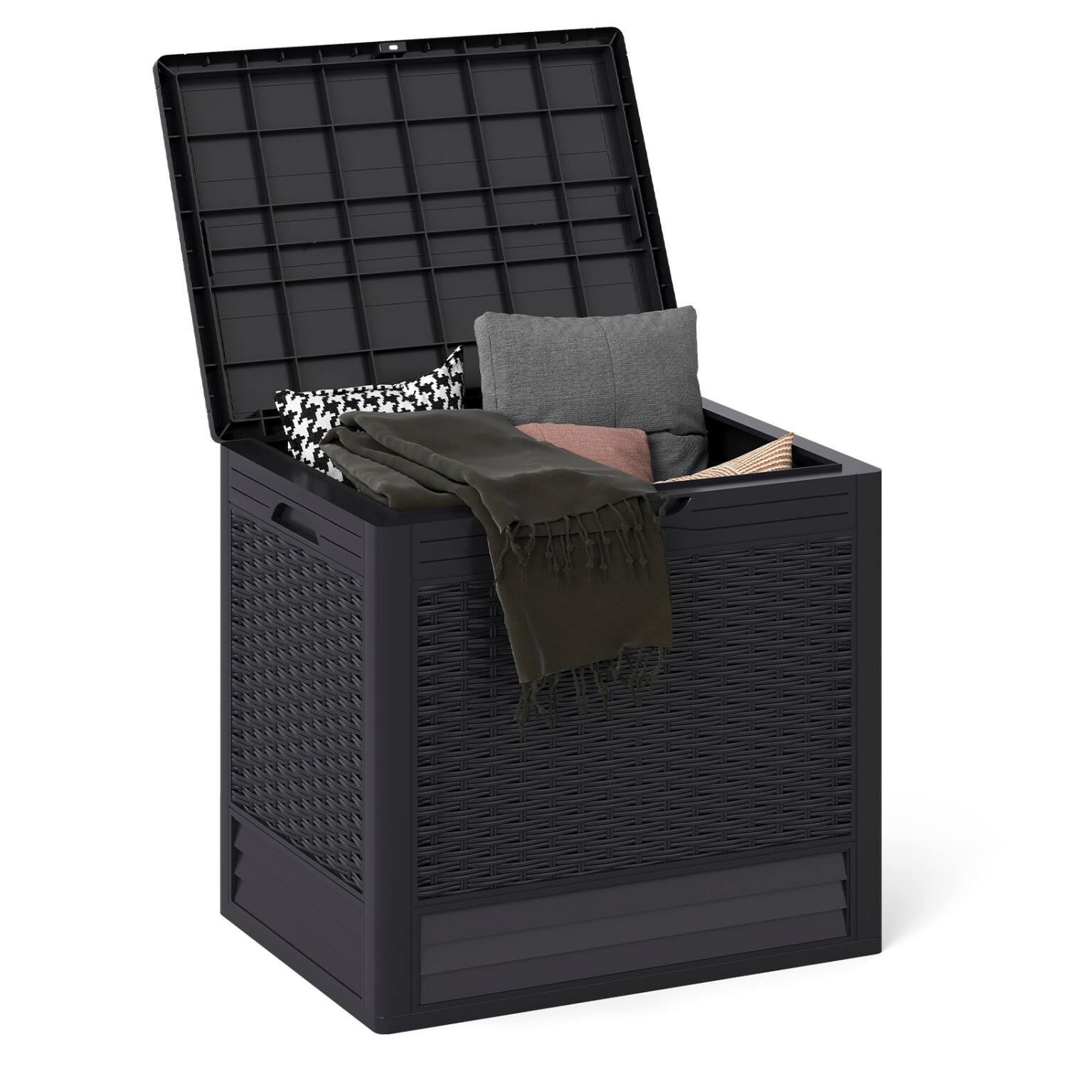 Front. WELLFOR - 25 Gallon Outdoor Storage Box with Rattan Patterns - Brown.