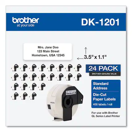 brother
at your side
DK-1201
Mrs. Jane Doe
123 Main Street
Hometown, USA 12345
3.5" x 1.1"
24 PACK
BROTHER GENUINE VALUE
Standard Address
Die-Cut
Paper Labels
400 labels / roll
For use with Brother QL Series Label Printer