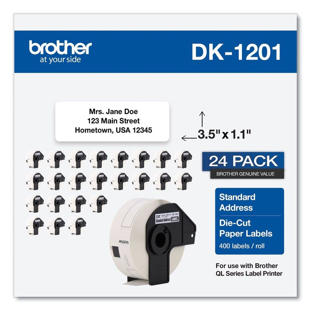 brother  
at your side  

DK-1201  

Mrs. Jane Doe  
123 Main Street  
Hometown, USA 12345  

3.5" x 1.1"  

24 PACK  
BROTHER GENUINE VALUE  

Standard Address  
Die-Cut  
Paper Labels  
400 labels / roll  

For use with Brother QL Series Label Printer