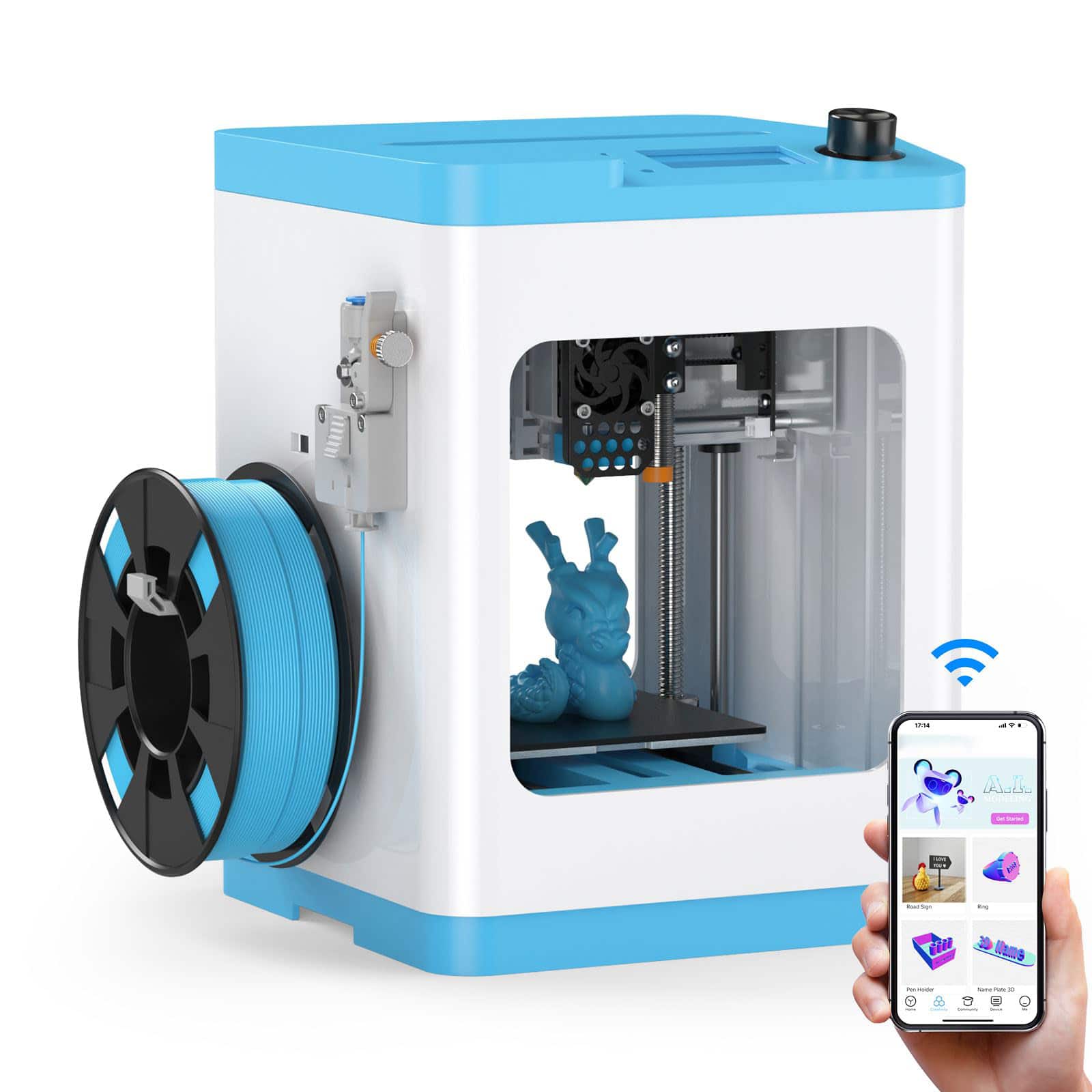 GlowWise - Mini 3D Printer for beginners: fully assembled, auto-leveling, WiFi control, and works with PLA/TPU - Blue