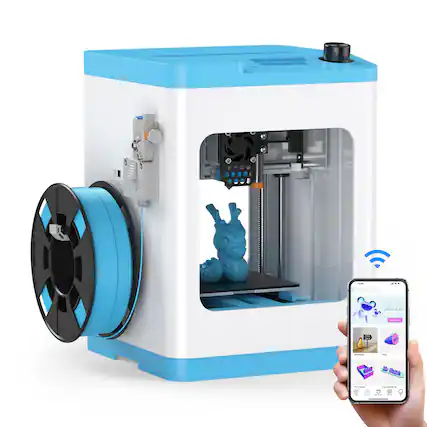 Front. GlowWise - Mini 3D Printer for beginners: fully assembled, auto-leveling, WiFi control, and works with PLA/TPU. - Blue.