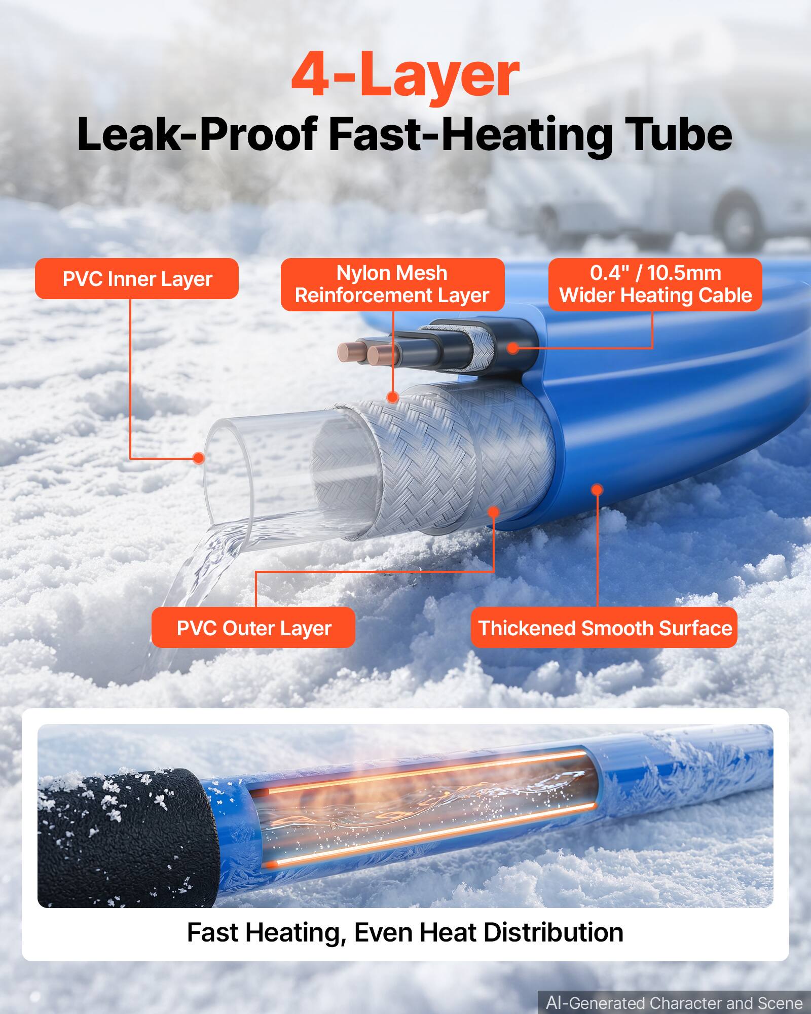 4-Layer Leak-Proof Fast-Heating Tube

- PVC Inner Layer
- Nylon Mesh Reinforcement Layer
- 0.4" / 10.5mm Wider Heating Cable
- PVC Outer Layer
- Thickened Smooth Surface

Fast Heating, Even Heat Distribution

AI-Generated Character and Scene