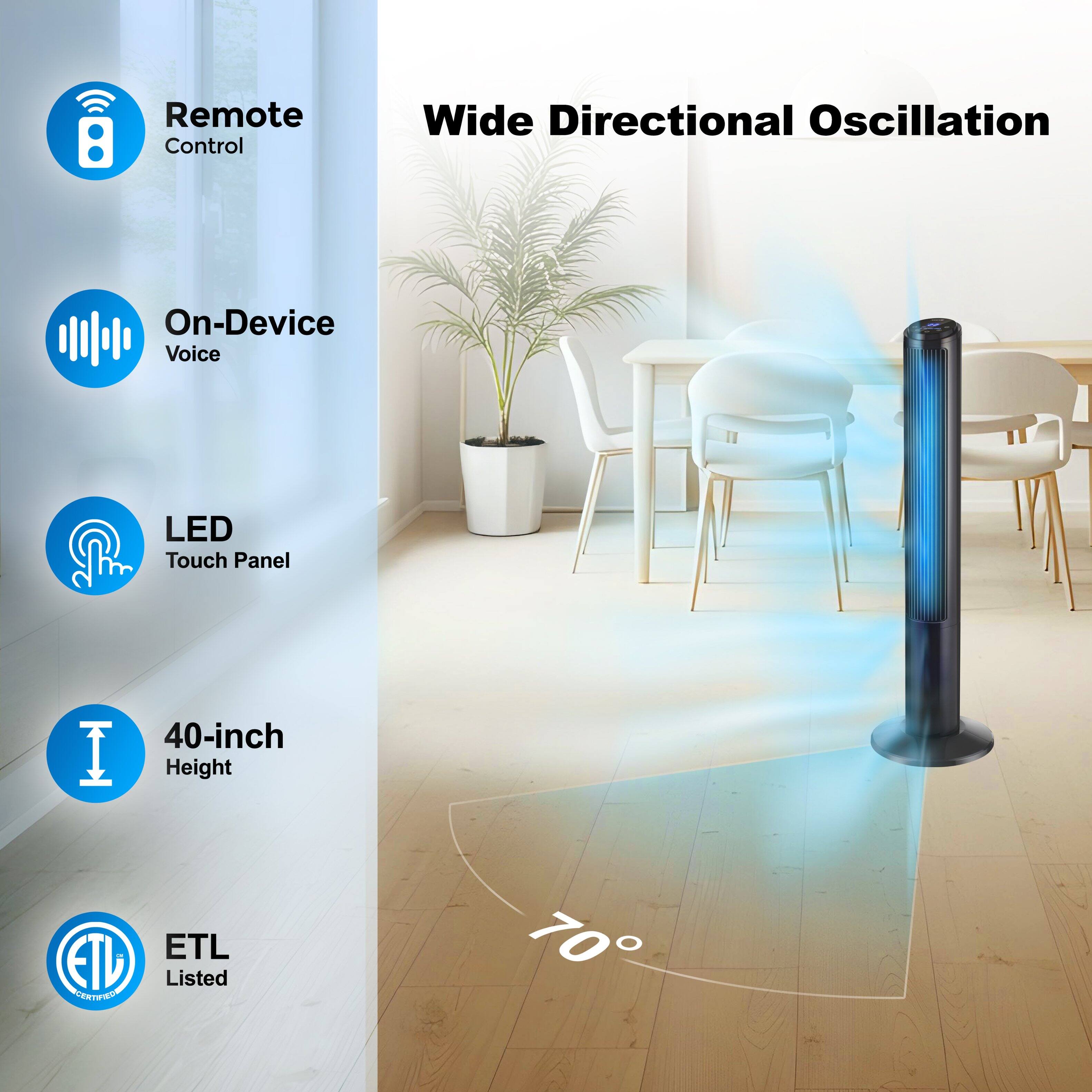 Remote Control  
Wide Directional Oscillation  
On-Device Voice  
LED Touch Panel  
40-inch Height  
ETL Listed  
70°