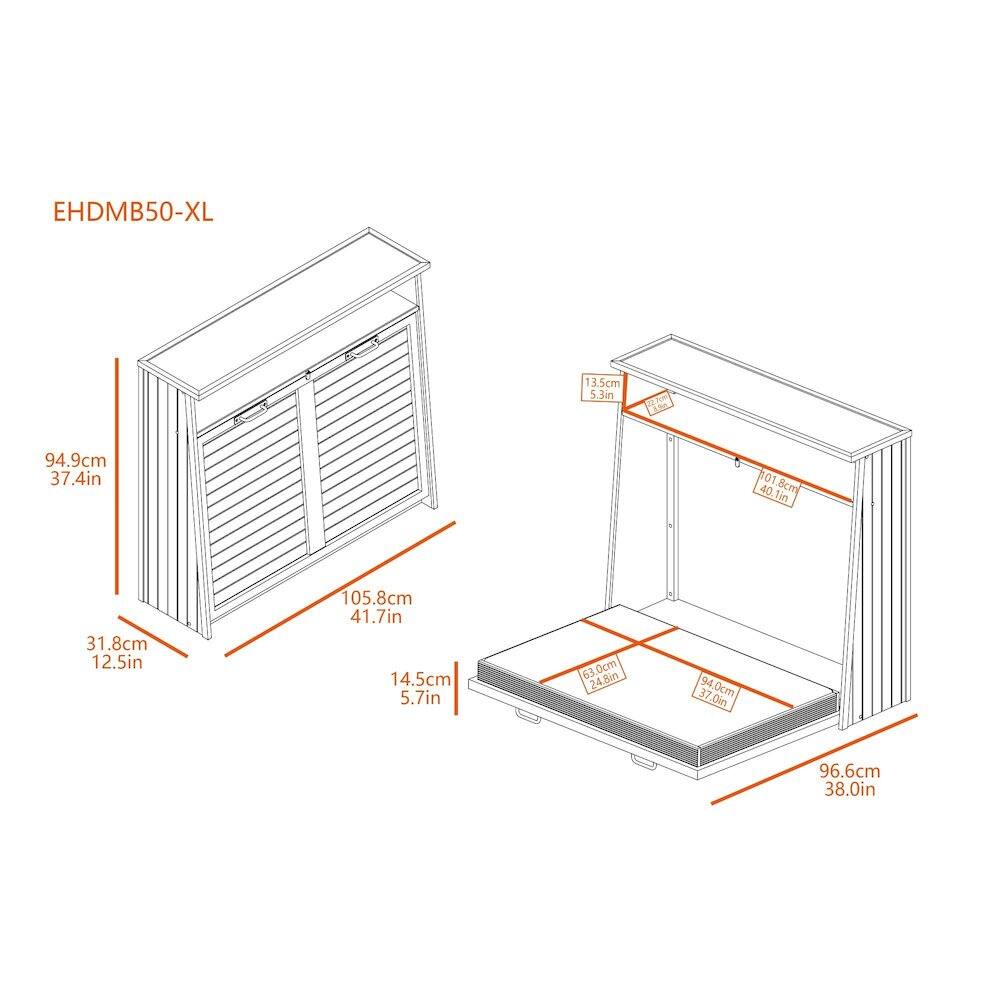 EHDMB50-XL  
3.5cm  
3 5.3in  
94.9cm 37.4in  
31.8cm 12.5in  
105.8cm 41.7in  
14.5cm 5.7in  
63.0cm 24.8in  
94.0cm 37.0in  
96.6cm 38.0in