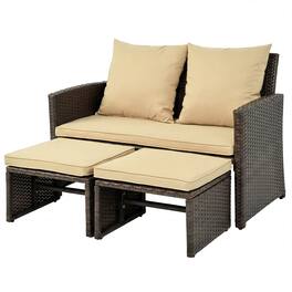 Costway - Outdoor Loveseat with Ottomans, 3 Pieces Patio PE Wicker Furniture Set with Cushions - Mix Brown, Beige