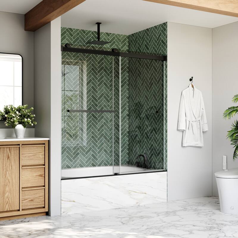 Angle. WELLFOR - 56-60 in W x 62 in H Double Sliding Frameless Shower Door with 1/4 in. Clear SGCC Tempered Glass - Matte Black.