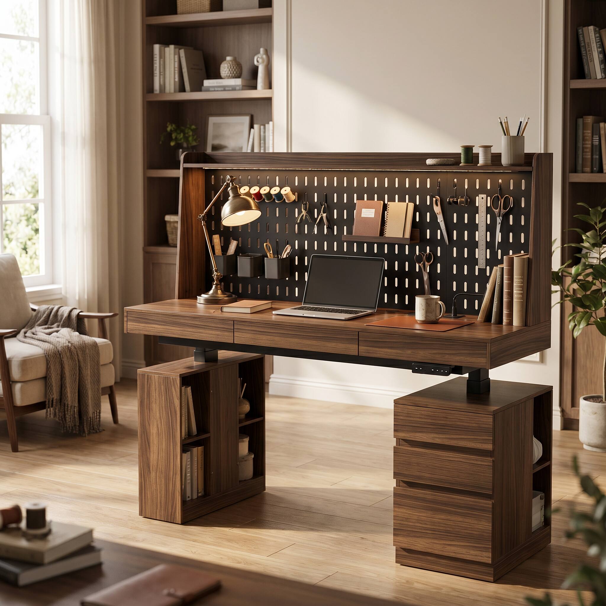 Alt View 2. Famapy - Electric Standing Desk with Pegboard, USB Outlets, Storage Drawers, 59" Walnut Workstation, 170 LBS - Walnut.