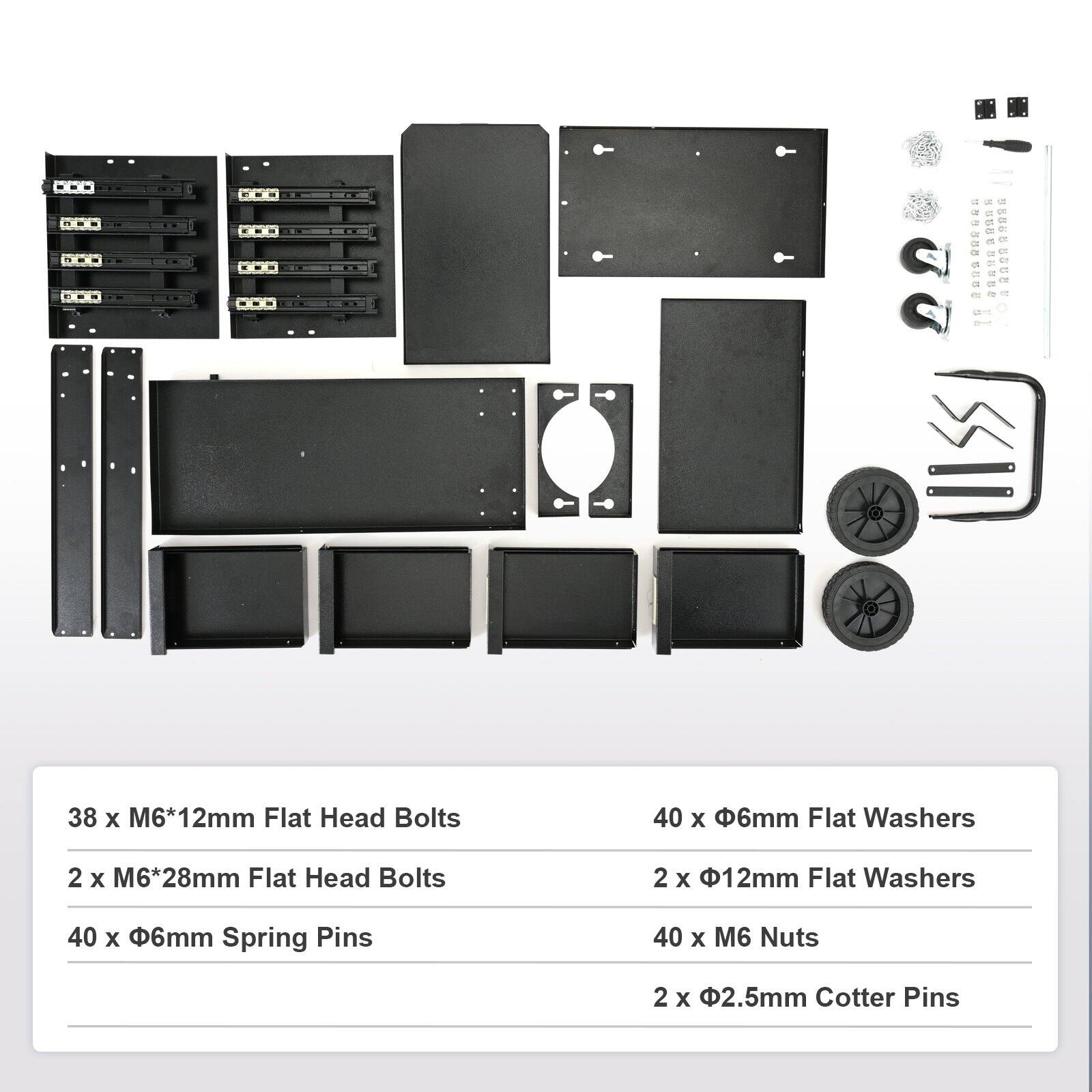 38 x M6*12mm Flat Head Bolts  
2 x M6*28mm Flat Head Bolts  
40 x 6mm Spring Pins  
40 x M6 Nuts  
40 x 6mm Flat Washers  
2 x 12mm Flat Washers  
2 x 2.5mm Cotter Pins
