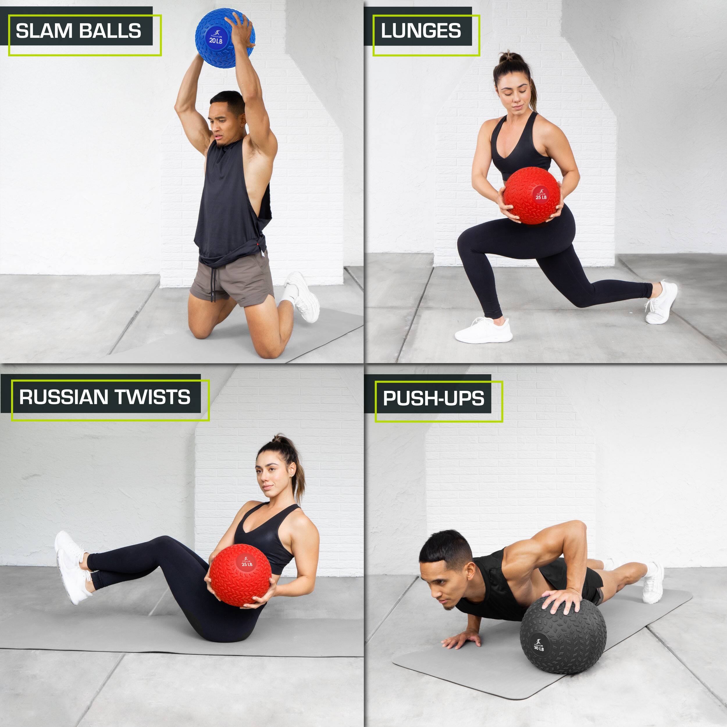 SLAM BALLS, LUNGES, RUSSIAN TWISTS, PUSH-UPS