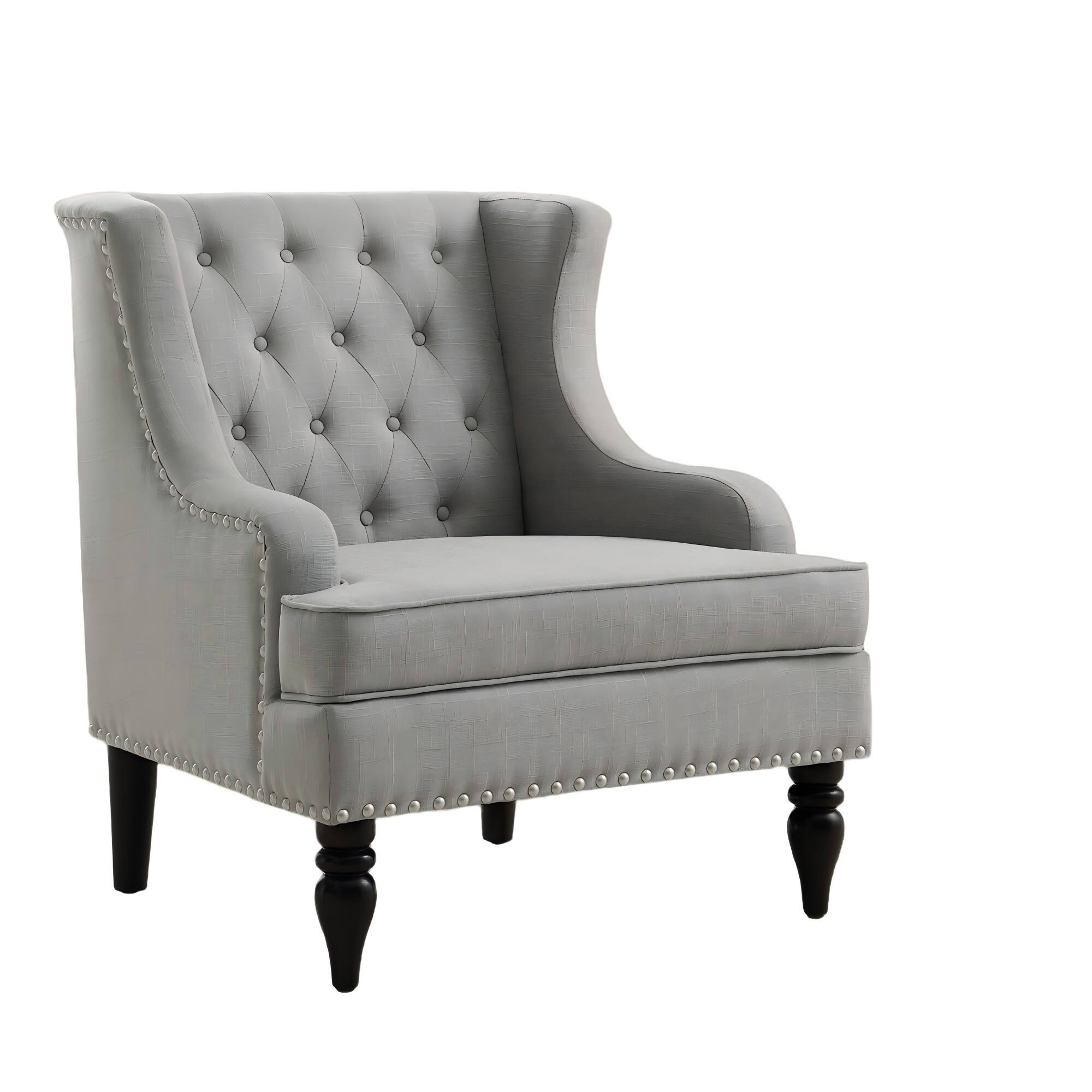 Alt View 3. Boyel Living - Linen Button Tufted Accent Chair with Nailhead Trim and Solid Wood Legs - Light Gray.