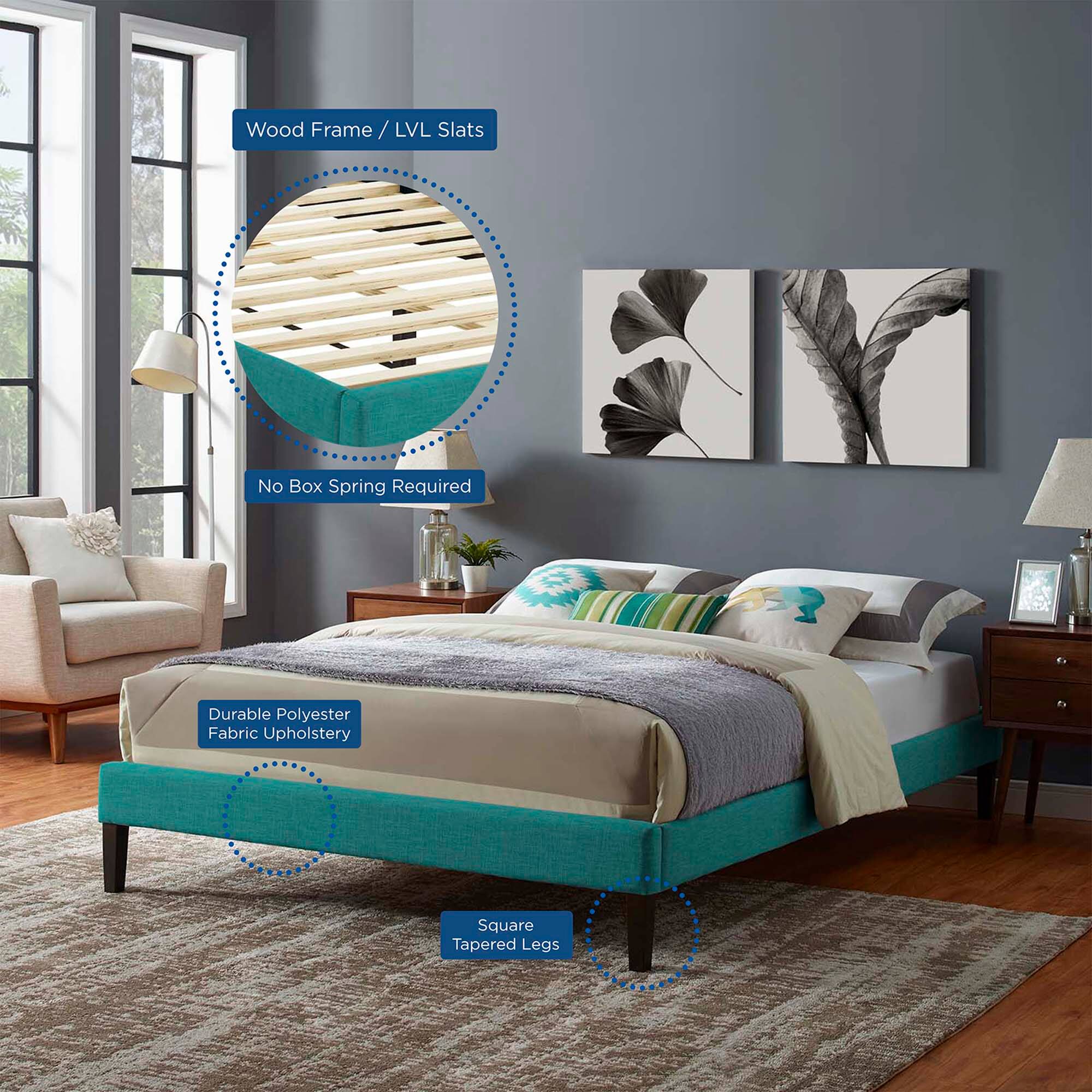 - Wood Frame / LVL Slats
- No Box Spring Required
- Durable Polyester Fabric Upholstery
- Square Tapered Legs