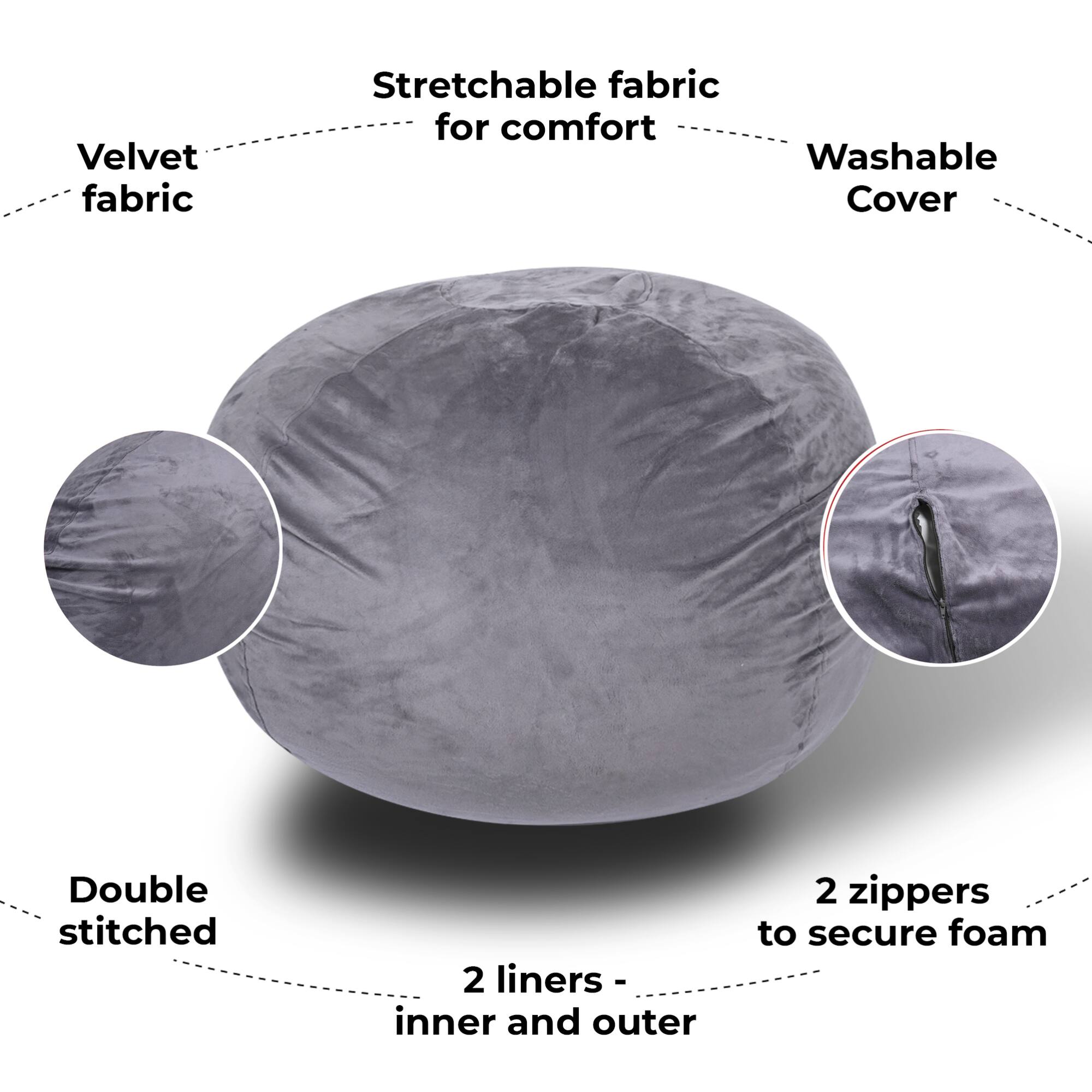 - Velvet fabric
- Stretchable fabric for comfort
- Washable Cover
- Double stitched
- 2 liners - inner and outer
- 2 zippers to secure foam