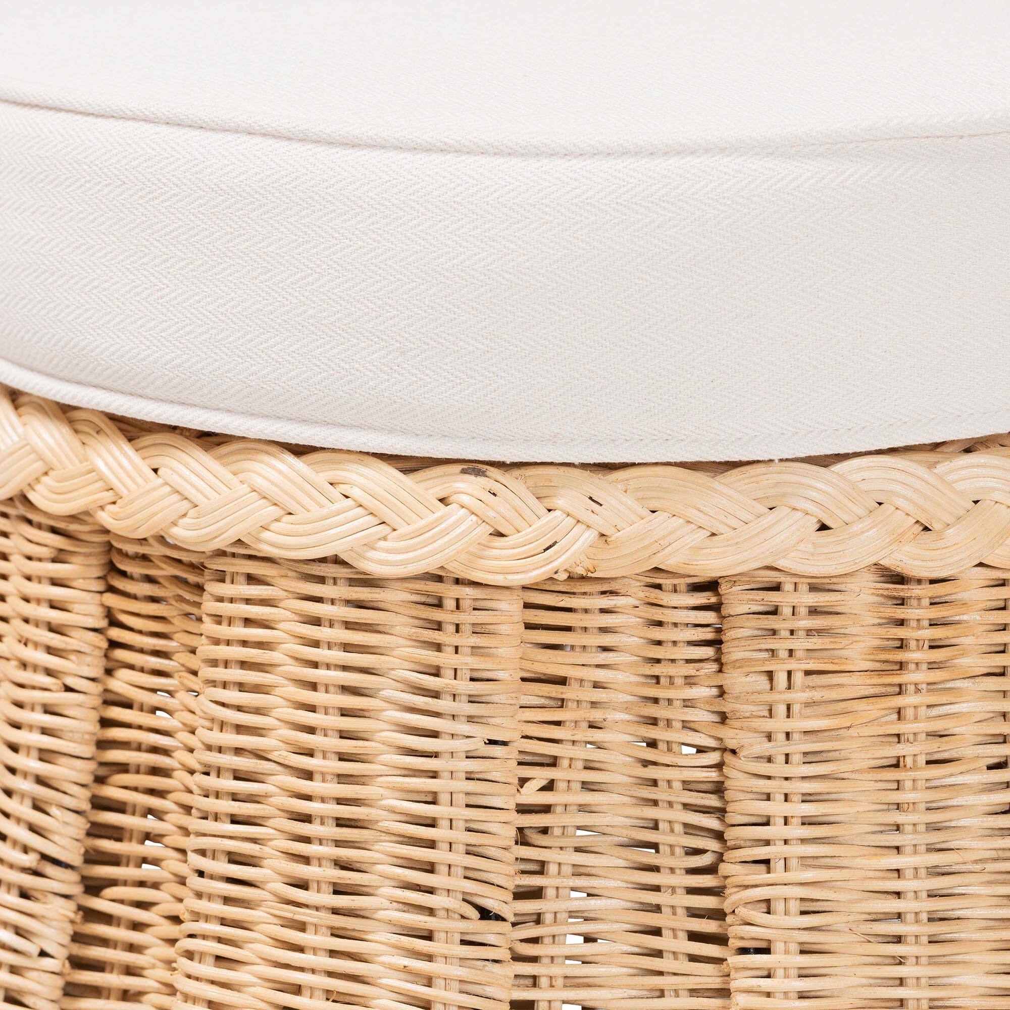 Angle. bali & pari - Ying Round Natural Rattan Ottoman with Cushion - Handwoven Wicker Pleated Skirt Accent Coffee Table, Small - Natural Brown.