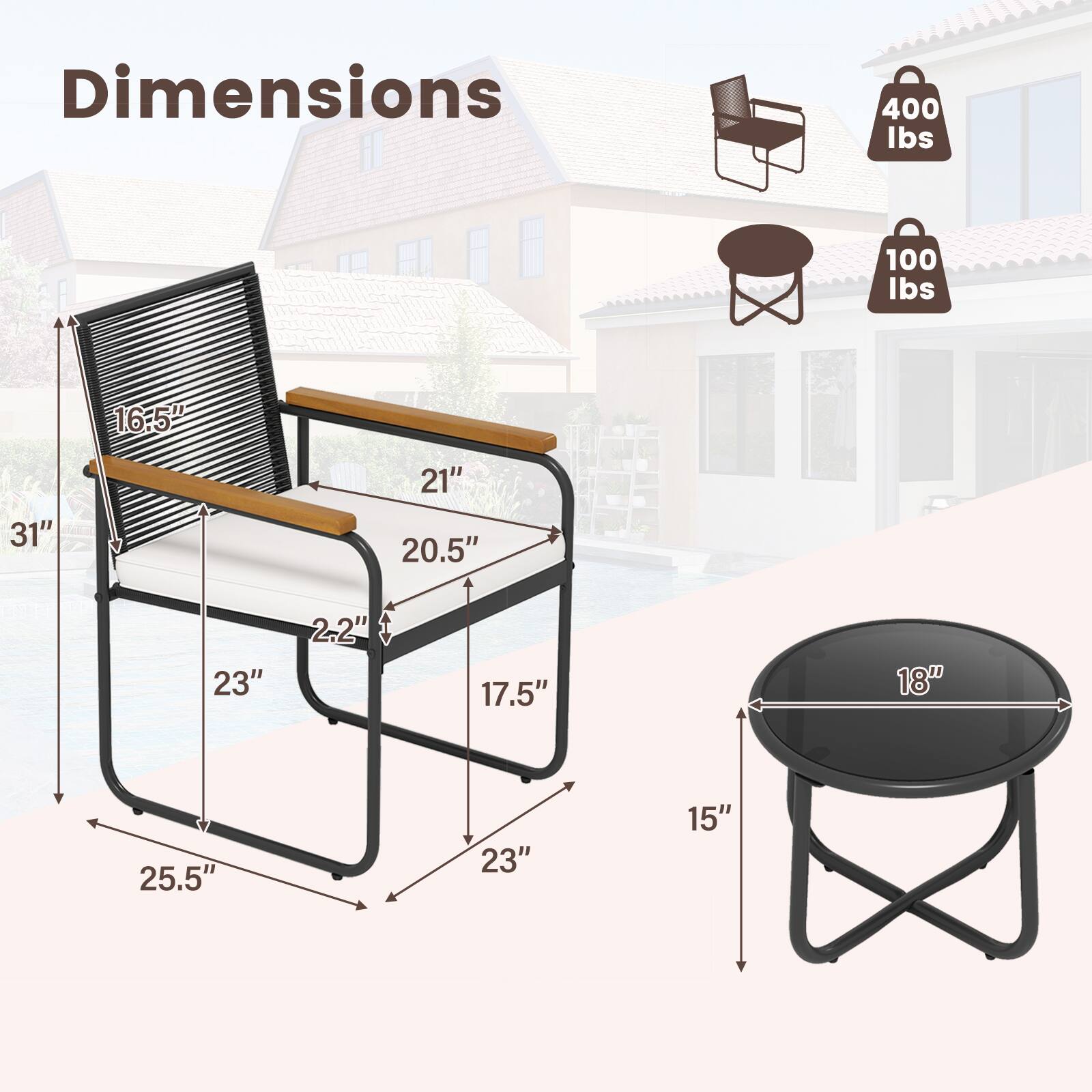 Dimensions  
400 lbs  
100 lbs  
16.5"  
31"  
21"  
20.5"  
23"  
2.2"  
17.5"  
25.5"  
23"  
15"  
18"