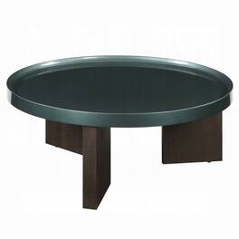 Manhattan Lane - Lexy Coffee Table, 35 Inch Round Top, Low Profile High Gloss Blackish Green - Blackish Green, Smoked Brown