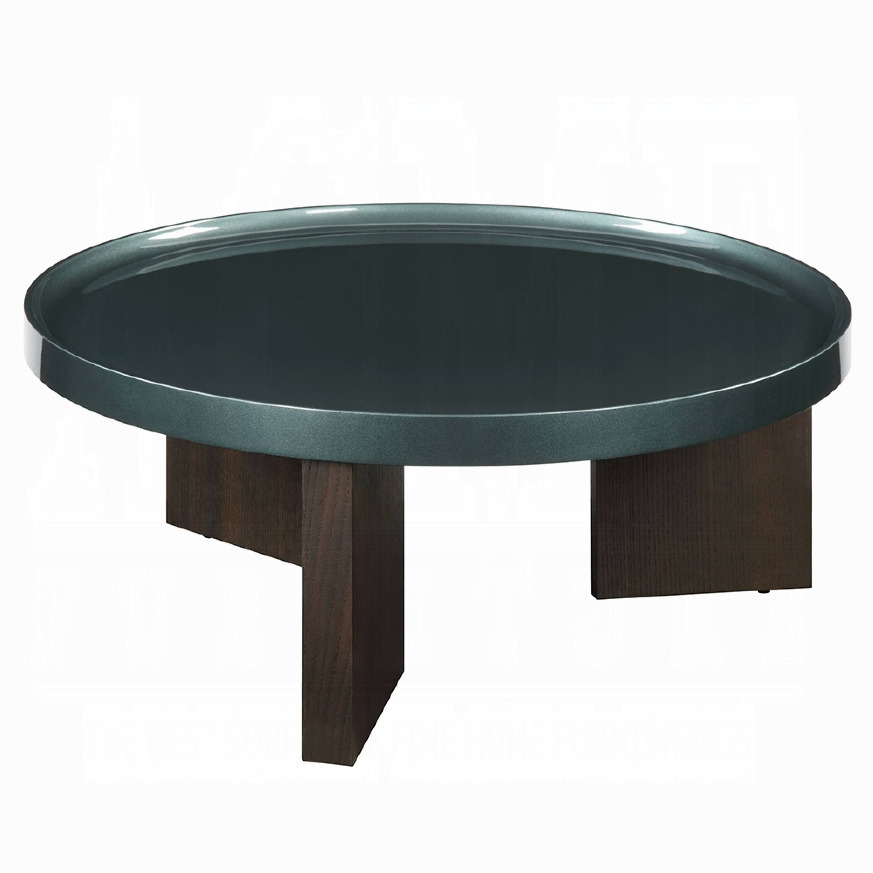 Front. Manhattan Lane - Lexy Coffee Table, 35 Inch Round Top, Low Profile High Gloss Blackish Green - Blackish Green, Smoked Brown.