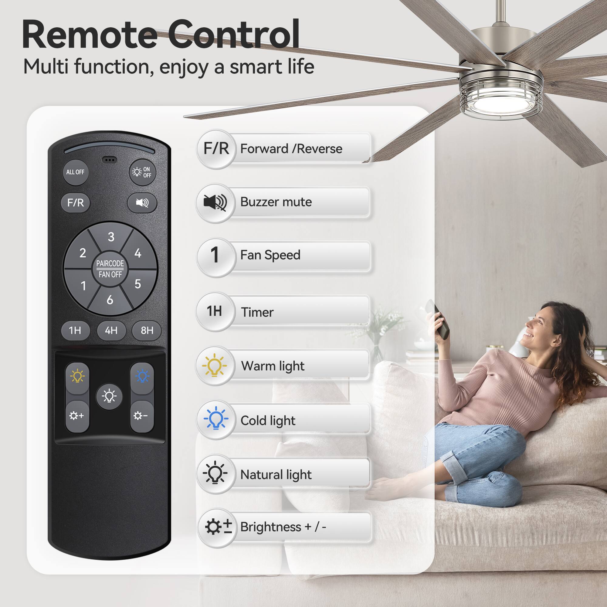 Remote Control  
Multi function, enjoy a smart life  

F/R Forward / Reverse  
ALL OFF ON OFF  
F/R  
Buzzer mute  
PAIRCODE  
FAN OFF  
1  
2  
3  
4  
5  
6  
1H  
4H  
8H  
Warm light  
Cold light  
Natural light  
Brightness + / -