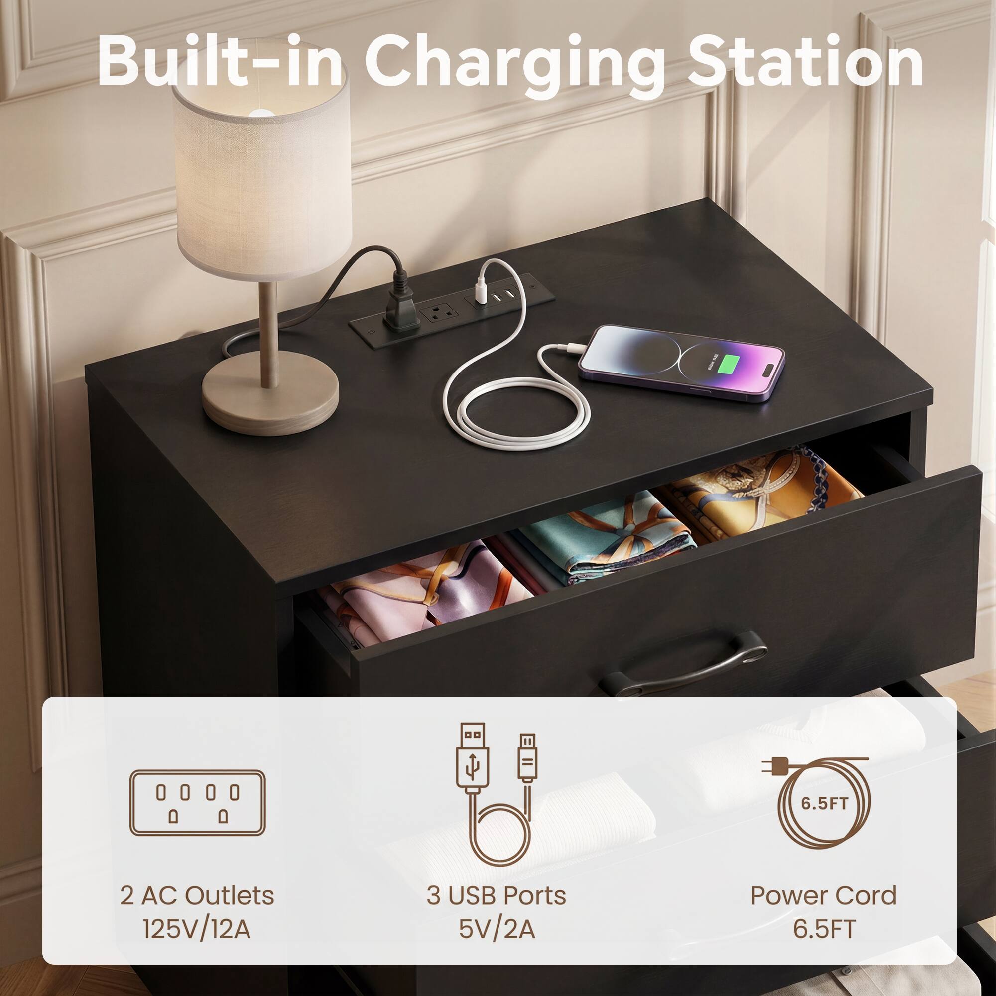 Built-in Charging Station

- 2 AC Outlets 125V/12A
- 3 USB Ports 5V/2A
- Power Cord 6.5FT