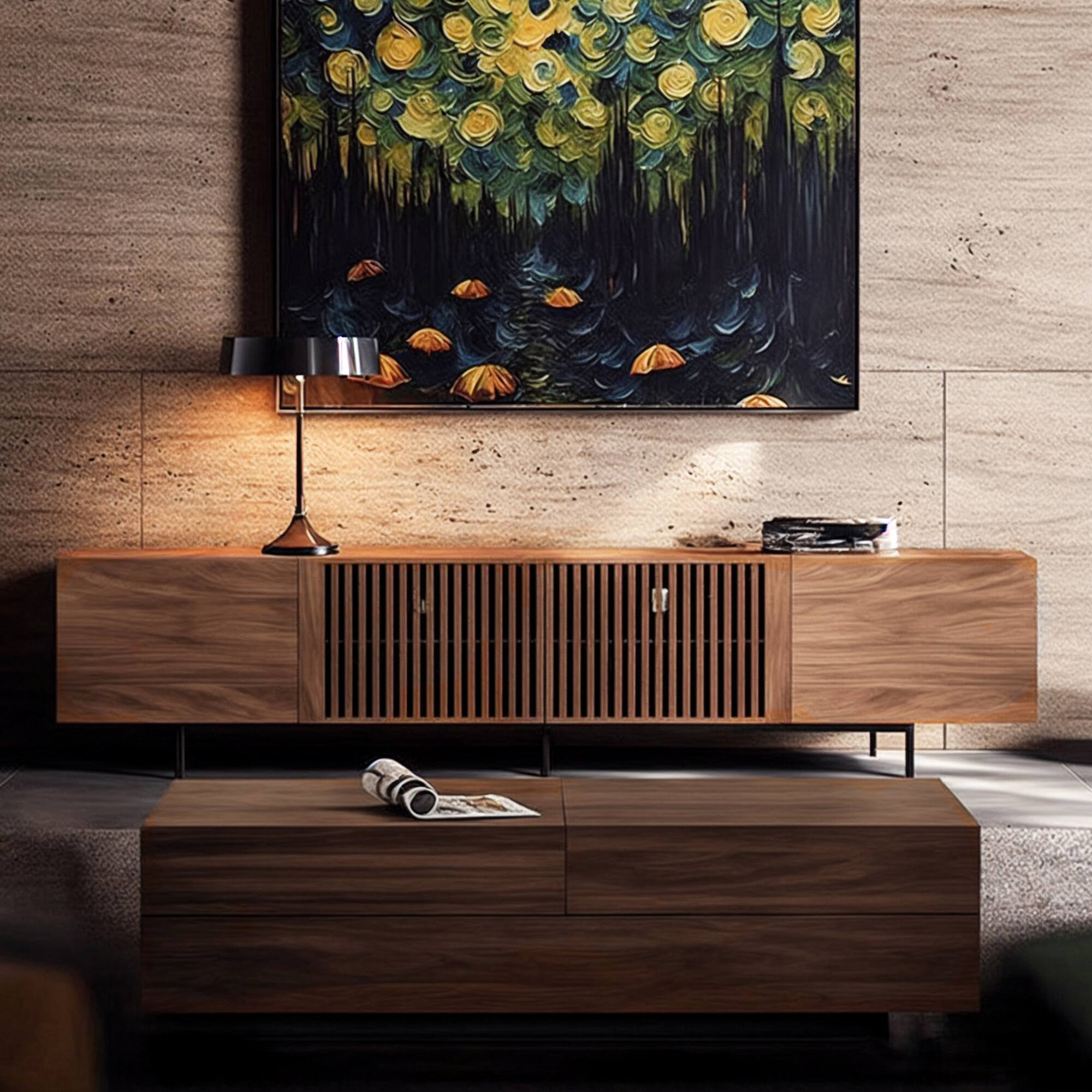 Left. luck idea - Mid-Century Modern TV Stands 94.48" Consoles,up to100'' Media Centerw/ Cabinets & wood Doors&Metal Frame - Walnut Color.