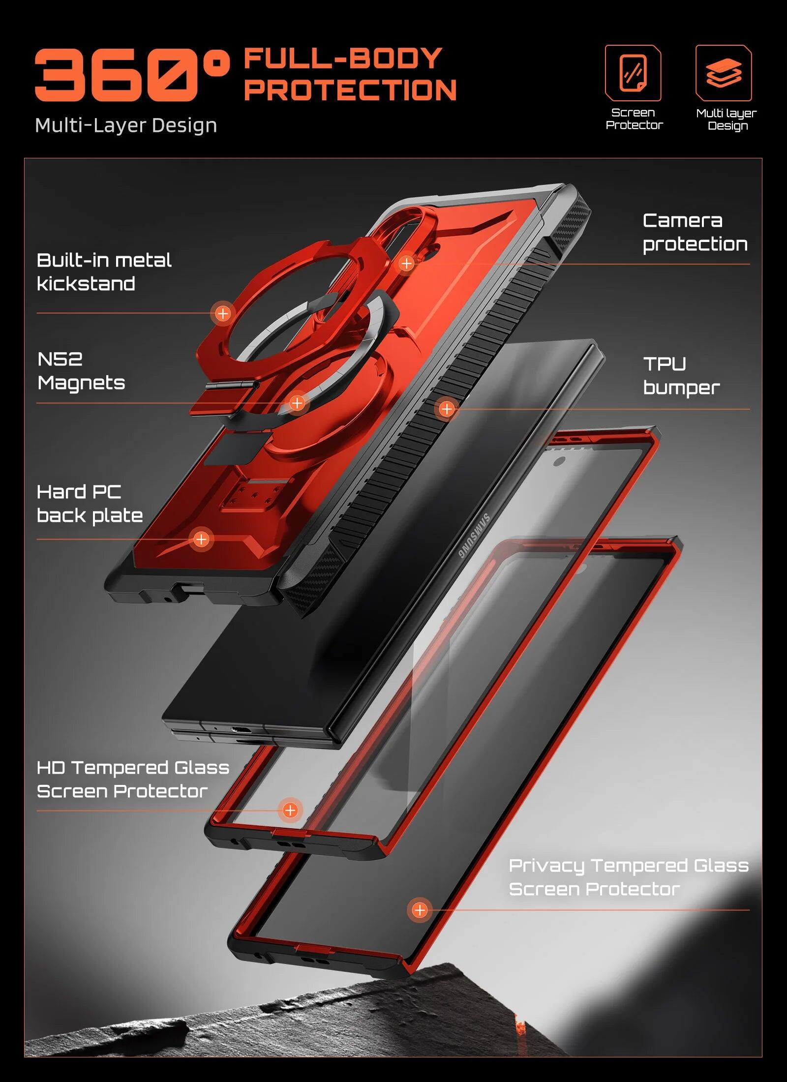 360° FULL-BODY PROTECTION  
Multi-Layer Design  
Built-in metal kickstand  
N52 Magnets  
Hard PC back plate  
HD Tempered Glass Screen Protector  
Privacy Tempered Glass Screen Protector