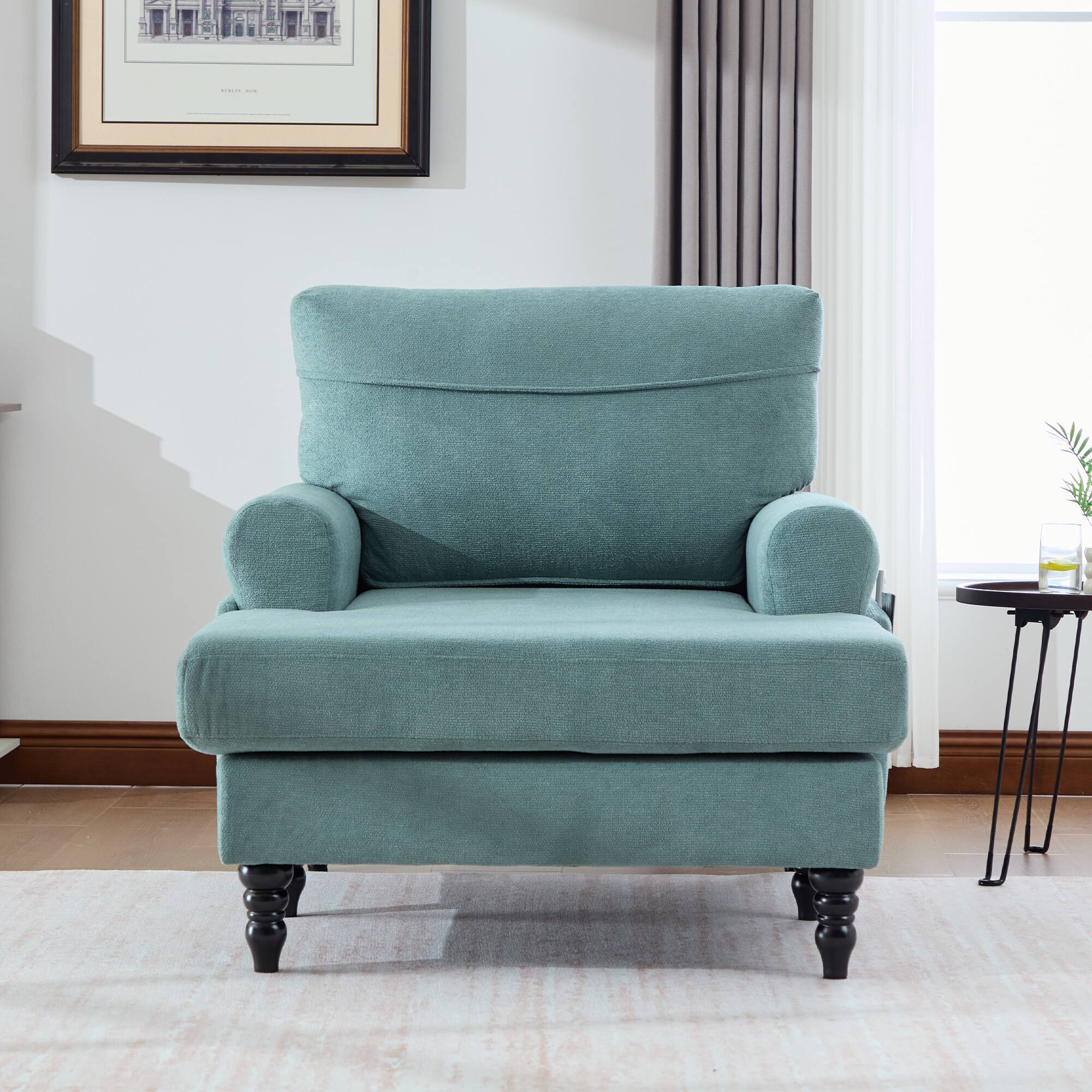 Left. Trinkets Crazed - Chenille Fabric Chaise Lounge Recliner Single Sofa Living Room Bedroom Rest Chair Wooden Sofa Legs - Mint Green.