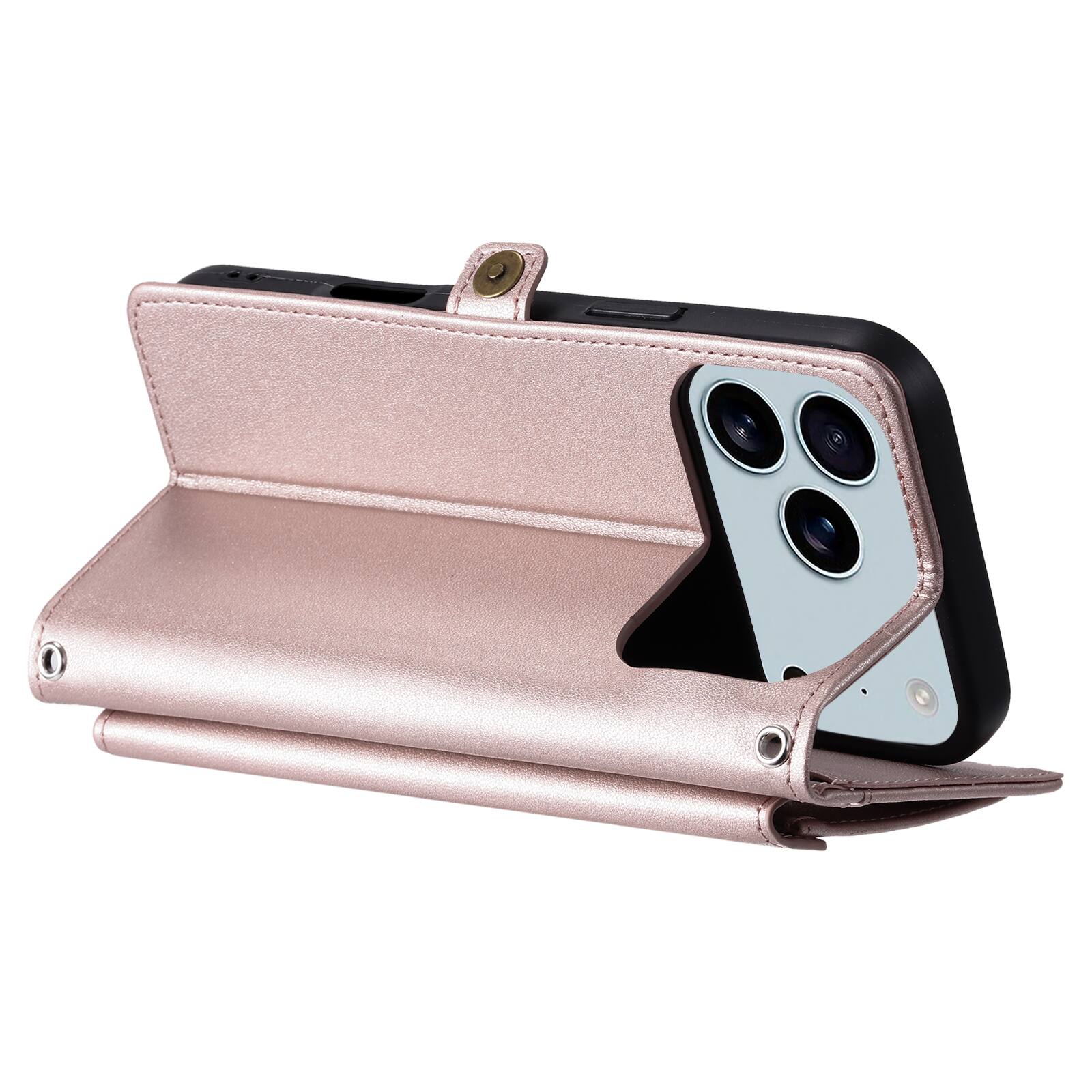 Alt View 4. Dteck - Foilo Wallet Case for Apple iPhone 17 Pro,Shockproof Card Holder PU Leather Magnetic Snap Phone Cover with Lanyard - Rosegold.
