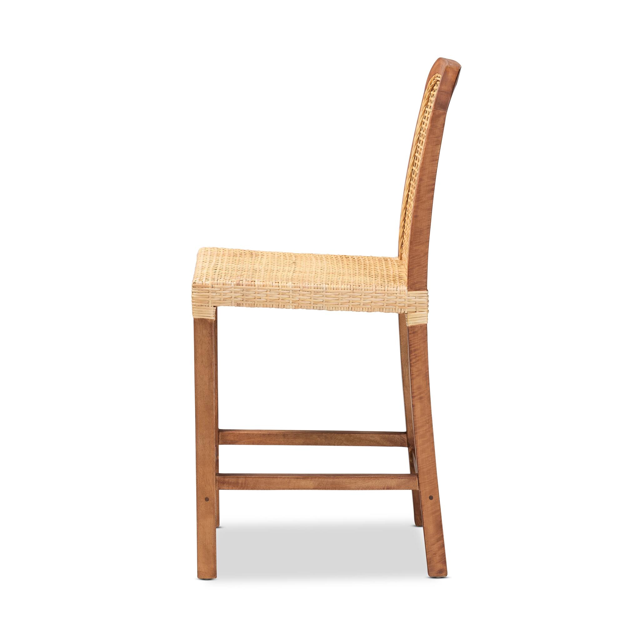 Left. bali & pari - Caspia Mid-Century Modern Walnut Mahogany Wood and Natural Rattan Counter Stool - Natural Brown/Walnut Brown.