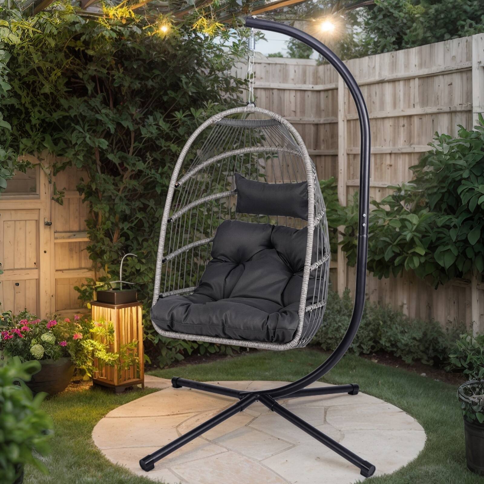 Alt View 10. Ecooso - Folding Egg Swing Chair with Stand, Adjustable Chain, Washable Cushion, and Rust-Resistant Frame for Indoor and Outdoor - Black+ Gray.