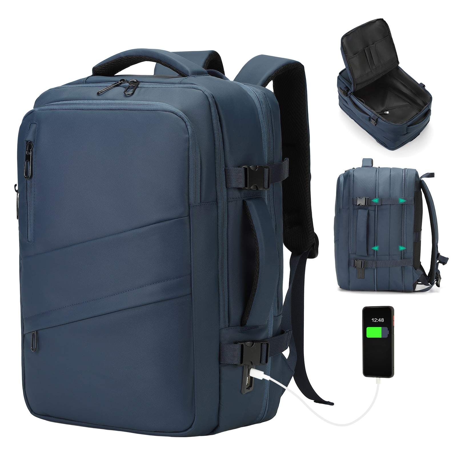 Unique Bargains - Travel Carry on Backpack, 18.9" Flight Approved, Expandable Weekender, Waterproof USB A/C, 18" Suitcase - Blue